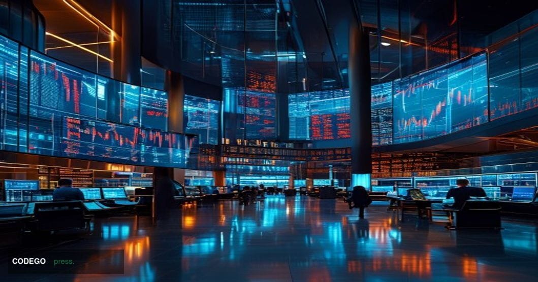 A cinematic editorial photograph capturing the Bitmine corporate headquarters or trading floor environment, featuring modern 