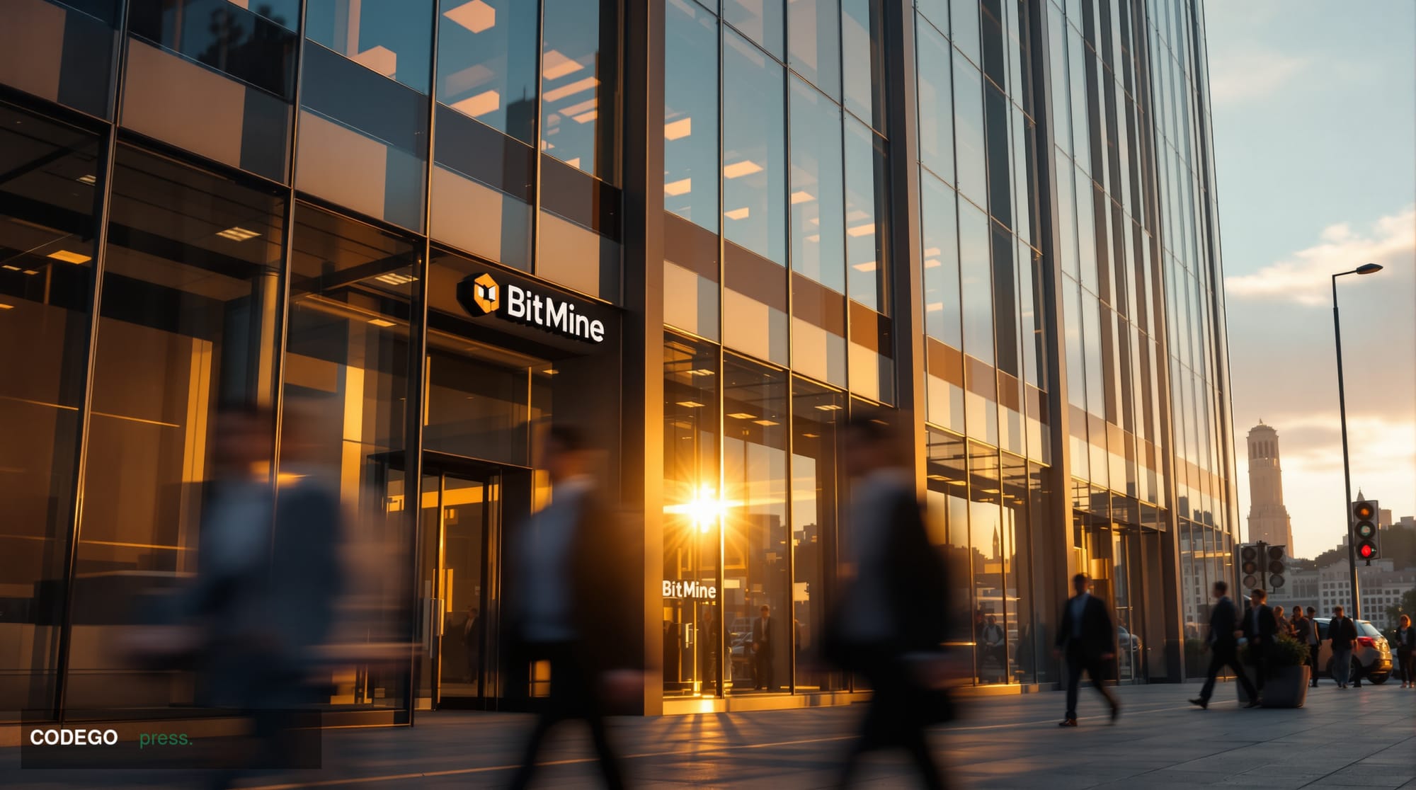 A cinematic editorial photograph showing the exterior of a modern corporate headquarters building in San Francisco's financia