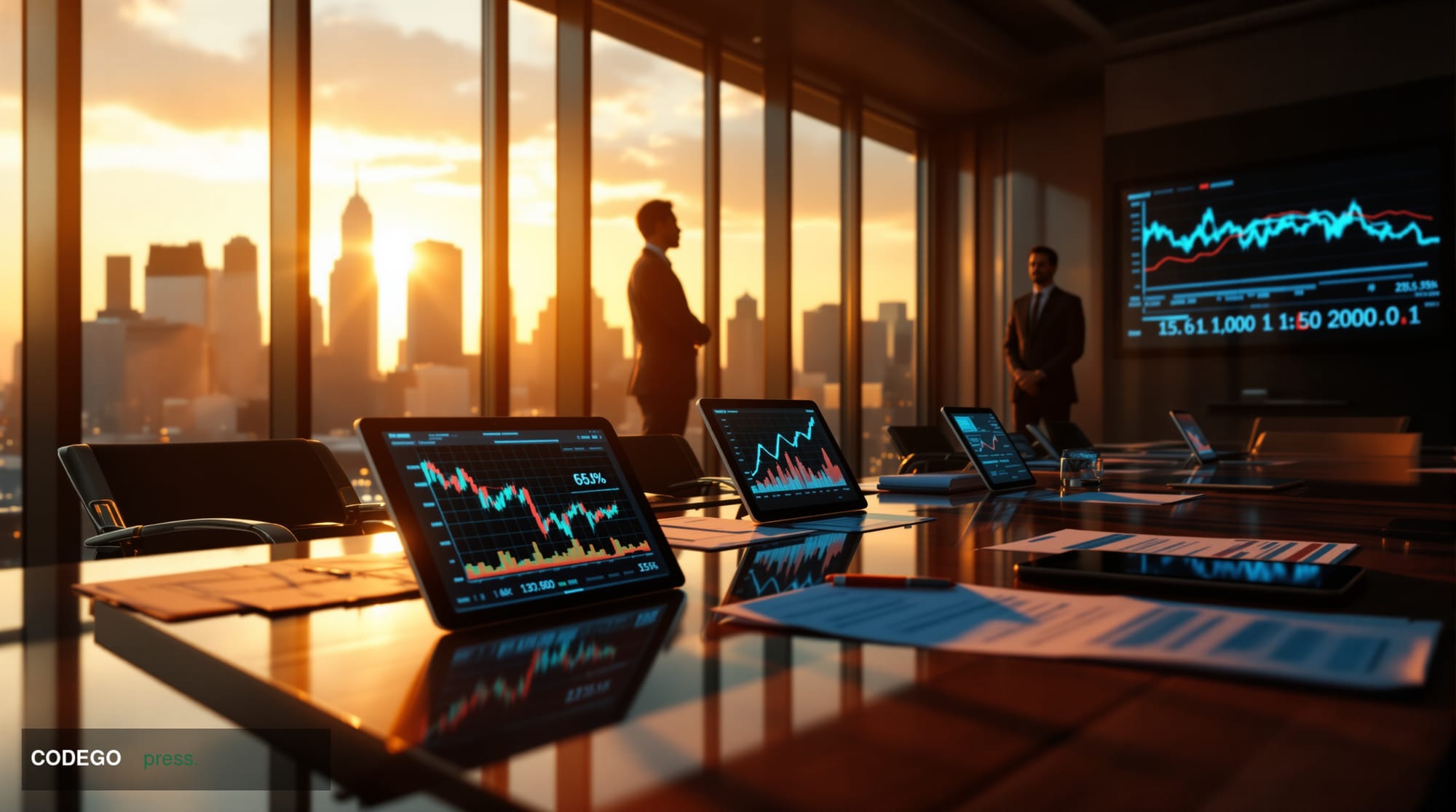 A photorealistic editorial photograph showcasing the stark contrast between corporate finance success and cryptocurrency vola