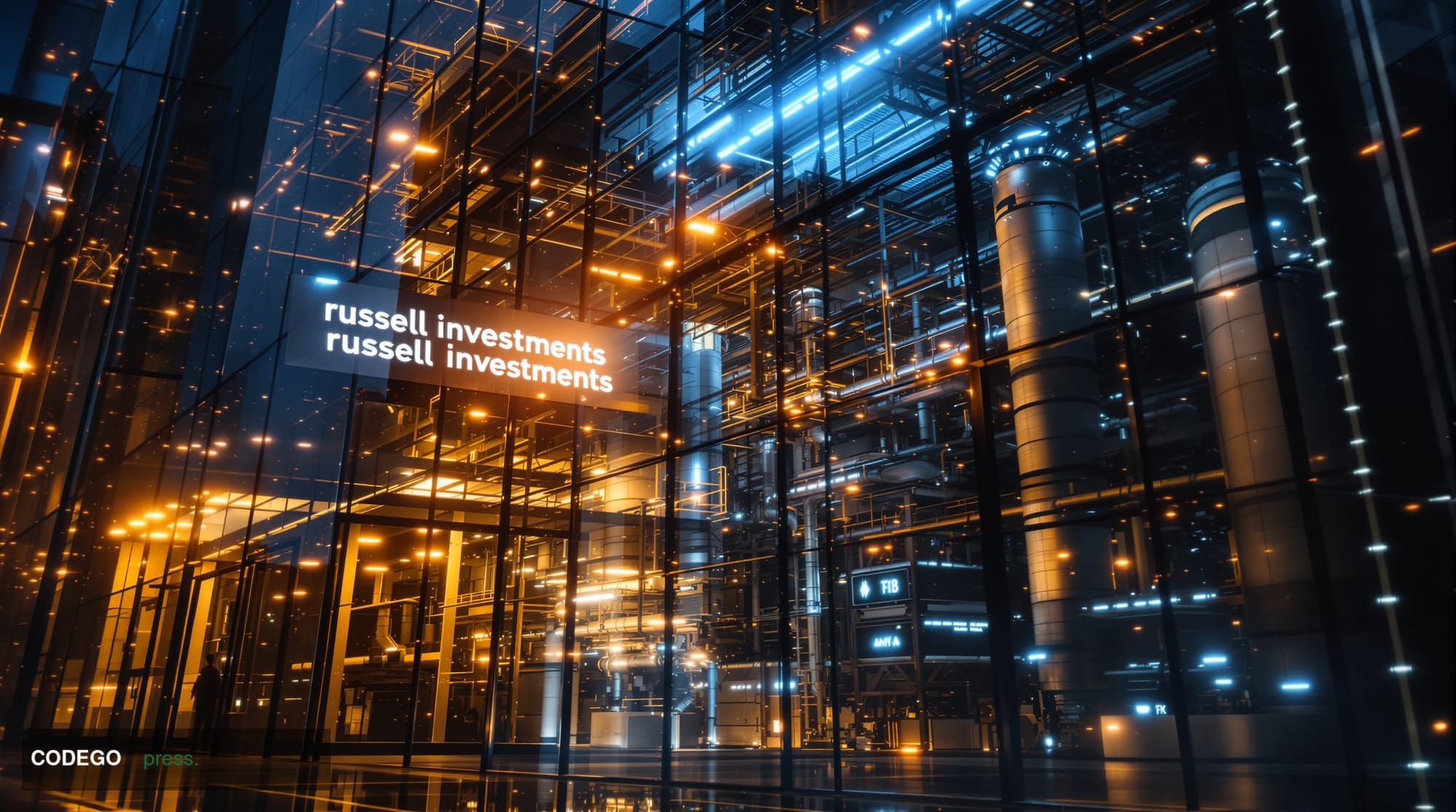 A cinematic editorial photograph capturing the convergence of traditional finance and cryptocurrency mining through architect