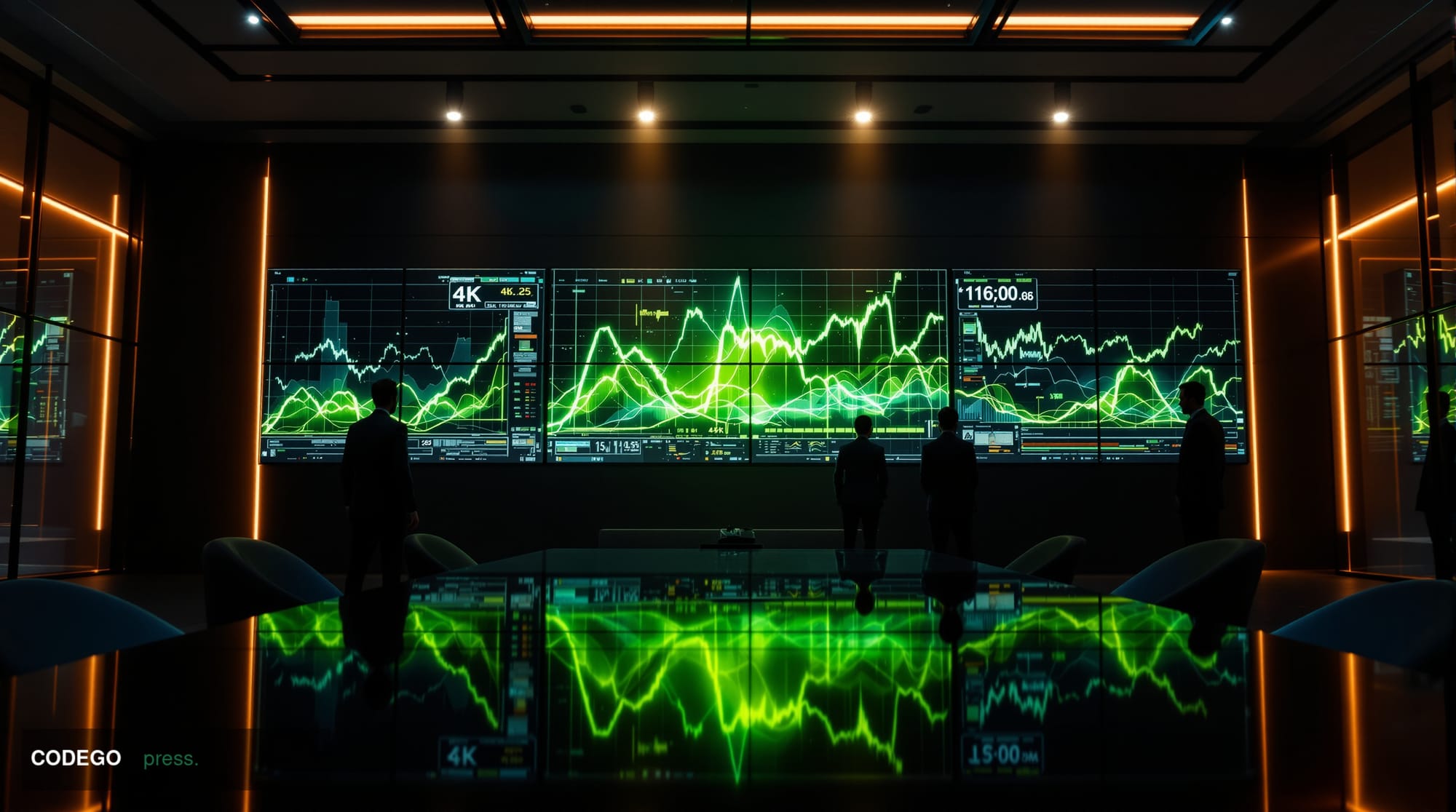 A cinematic editorial photograph showing a modern corporate treasury environment with multiple large 4K displays mounted on d