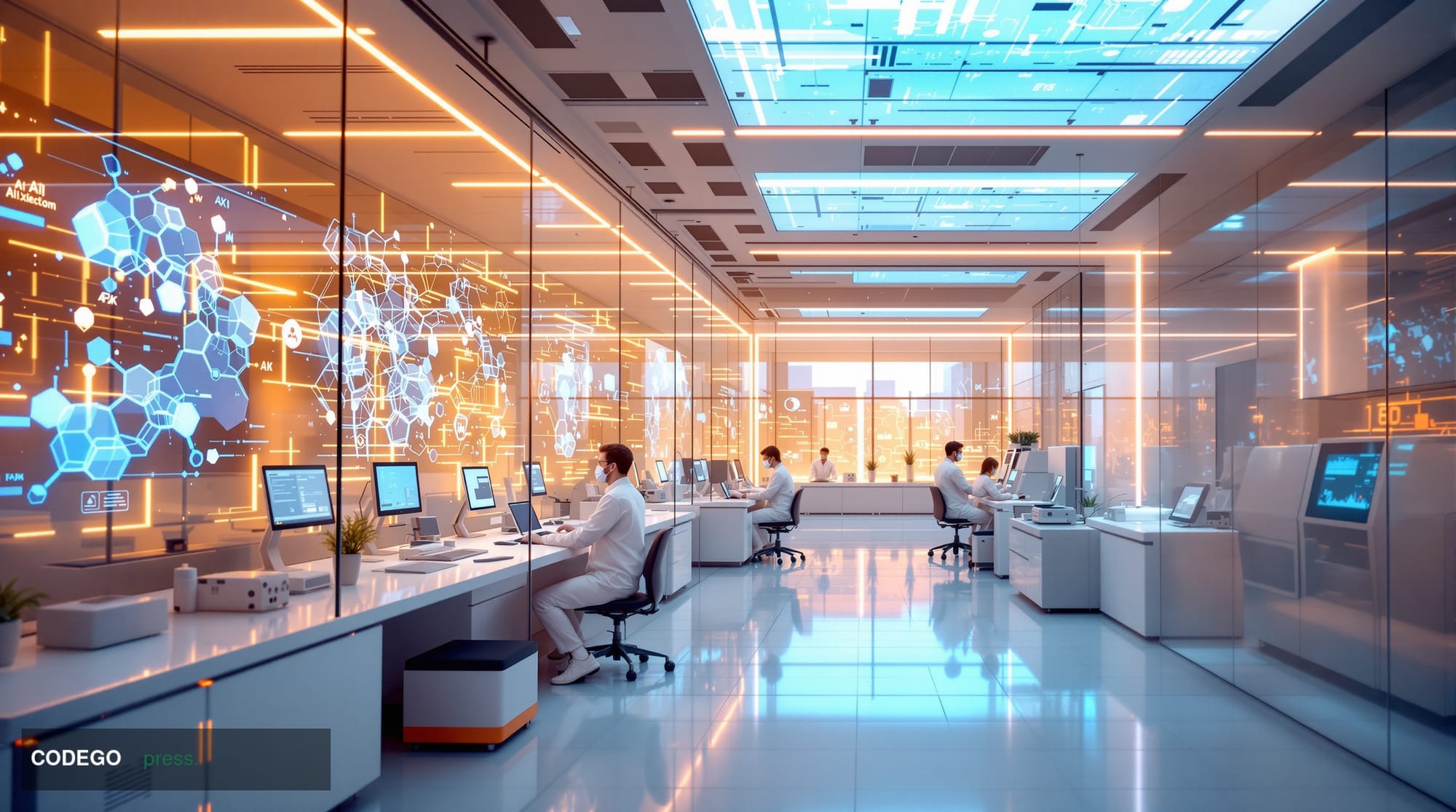 A photorealistic editorial photograph of a cutting-edge pharmaceutical research laboratory with modern AI-powered drug discov