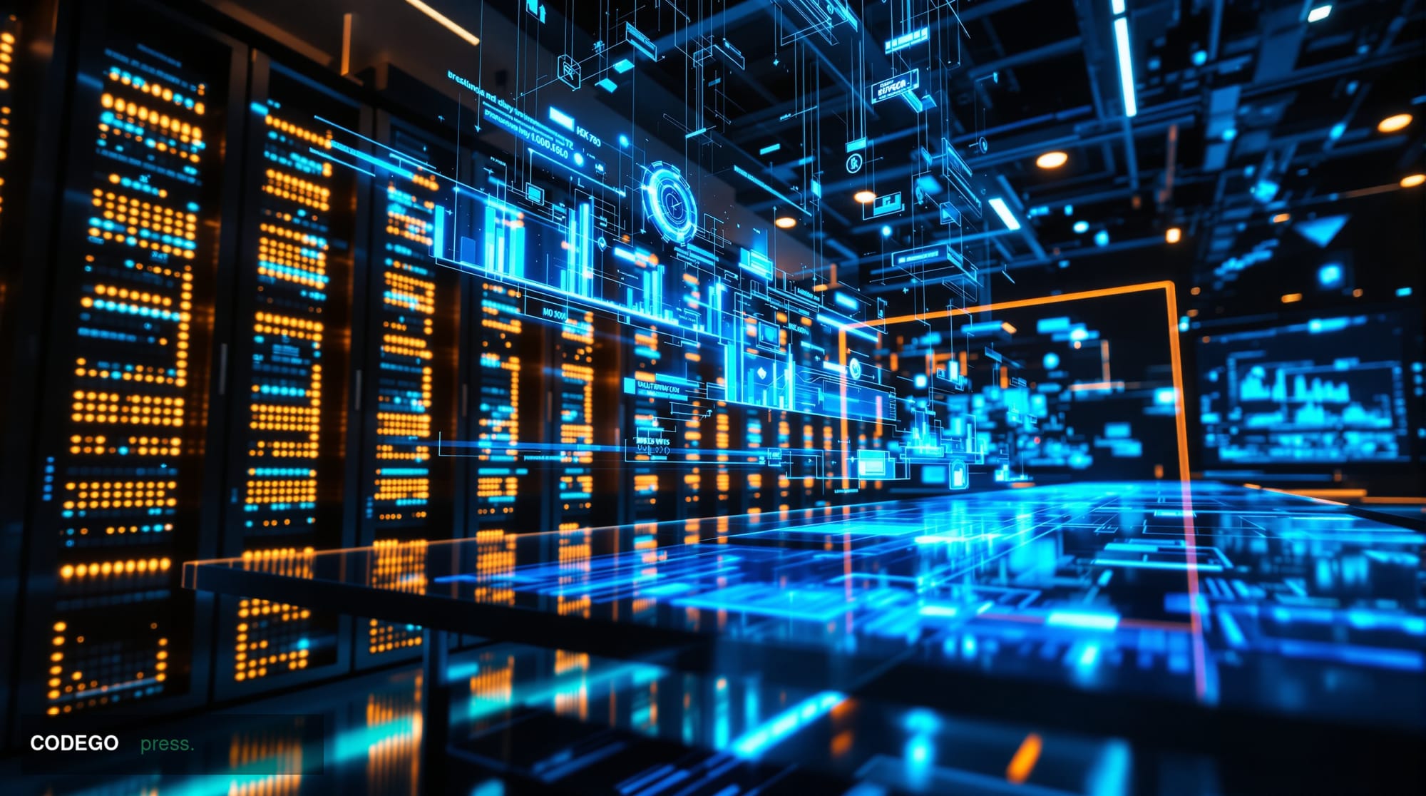 A photorealistic editorial photograph of a modern blockchain technology laboratory or research facility, featuring sleek comp