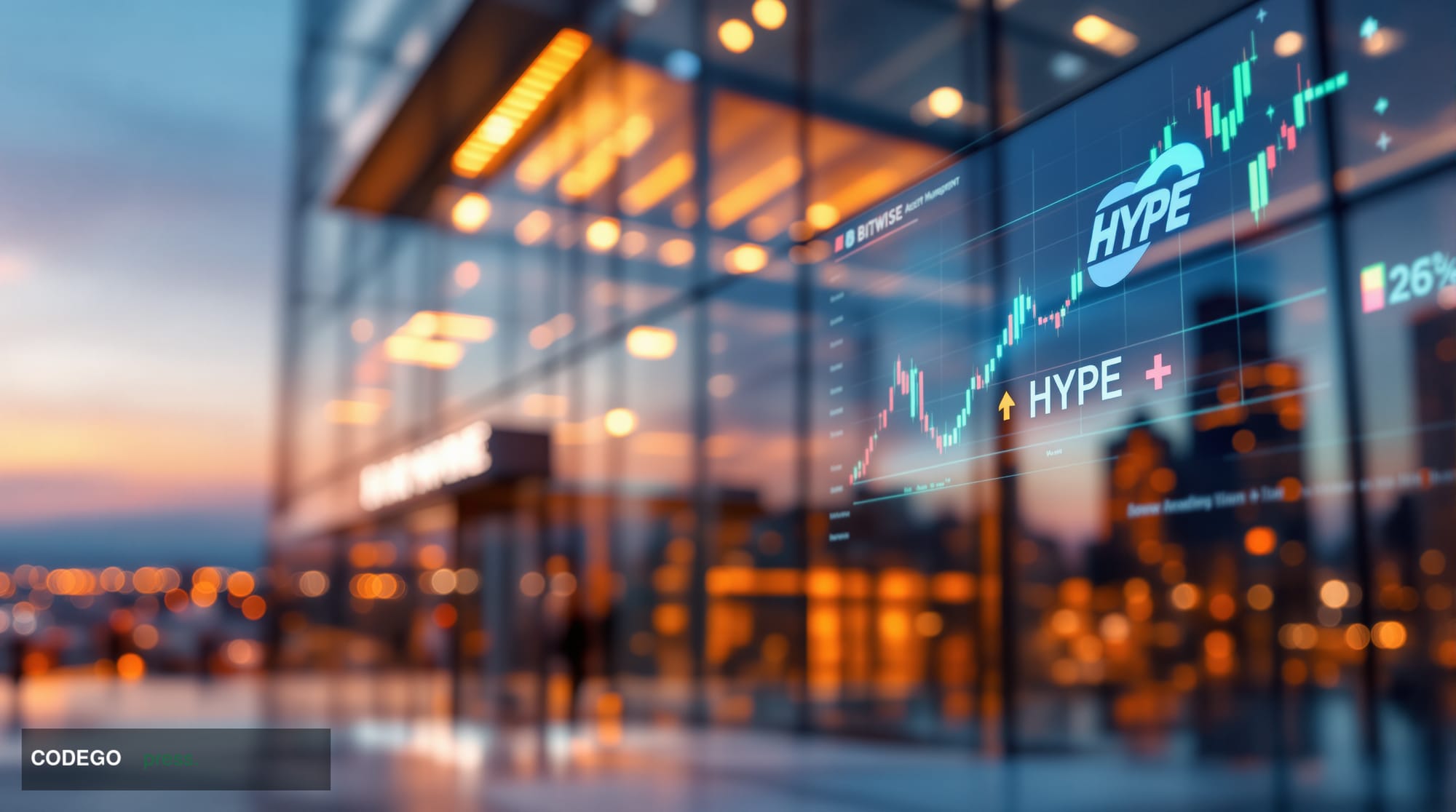 A cinematic editorial photograph of Bitwise Asset Management's modern corporate headquarters in San Francisco, captured from 