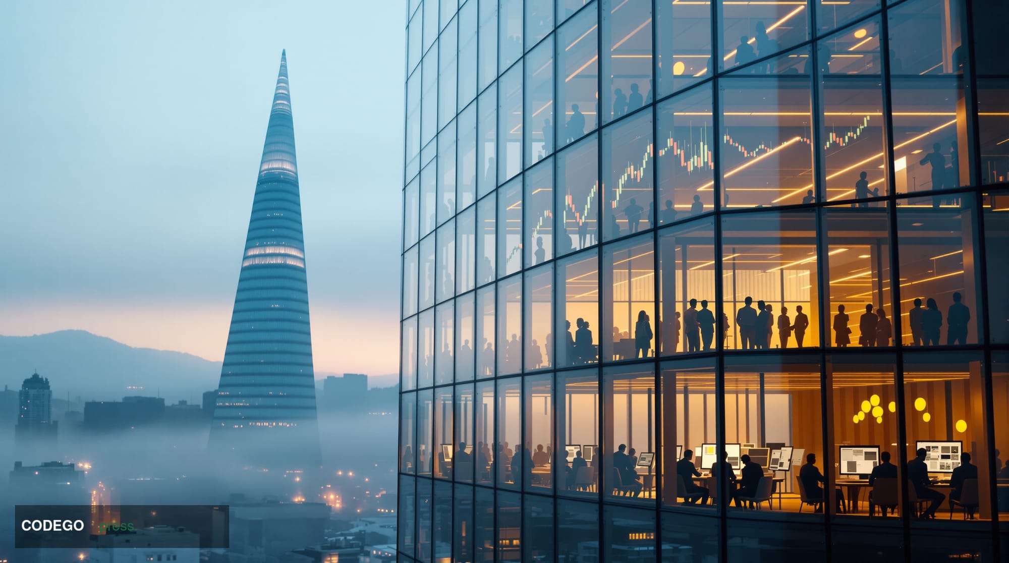 A cinematic editorial photograph showing the modern glass facade of Bitwise Asset Management's San Francisco headquarters in 