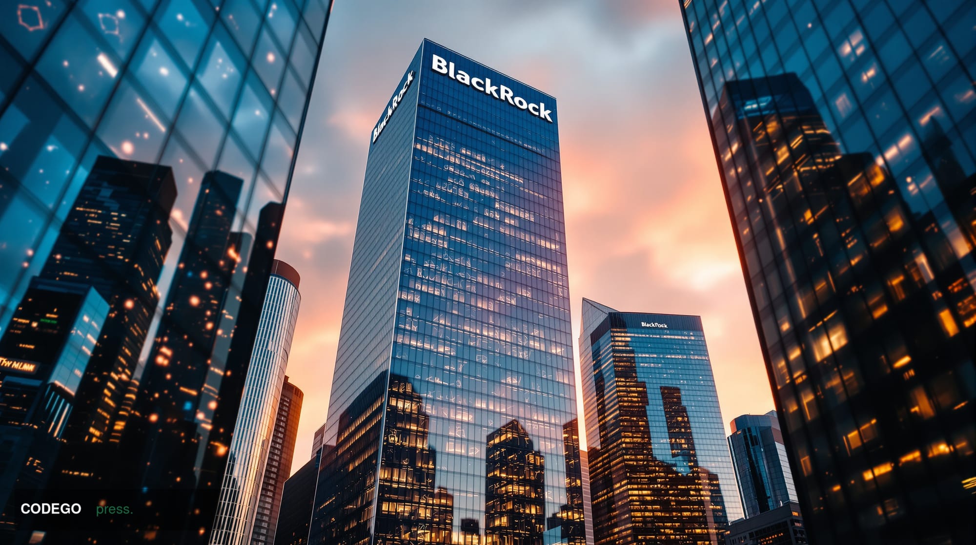 A cinematic editorial photograph of BlackRock's imposing corporate headquarters at 50 Hudson Yards in New York City, shot fro