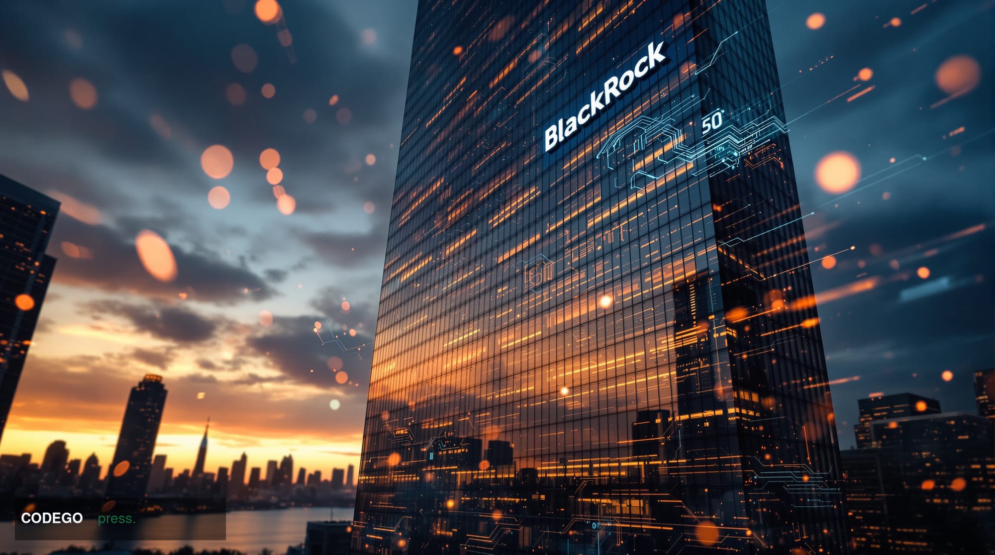 A cinematic editorial photograph capturing BlackRock's Manhattan headquarters at 50 Hudson Yards, shot from a low angle durin