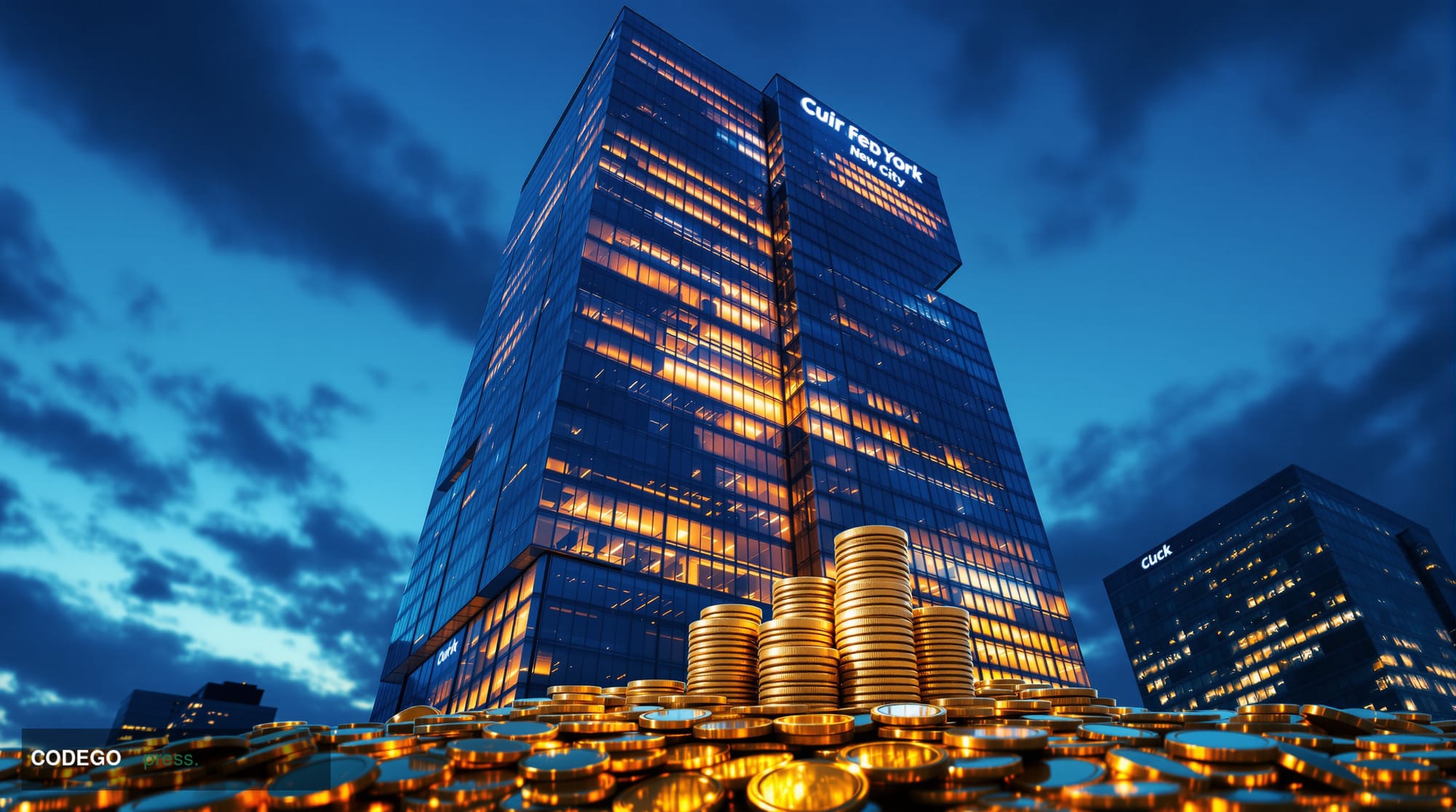 A dramatic photorealistic editorial photograph showing BlackRock's imposing headquarters building in New York City at dusk, w