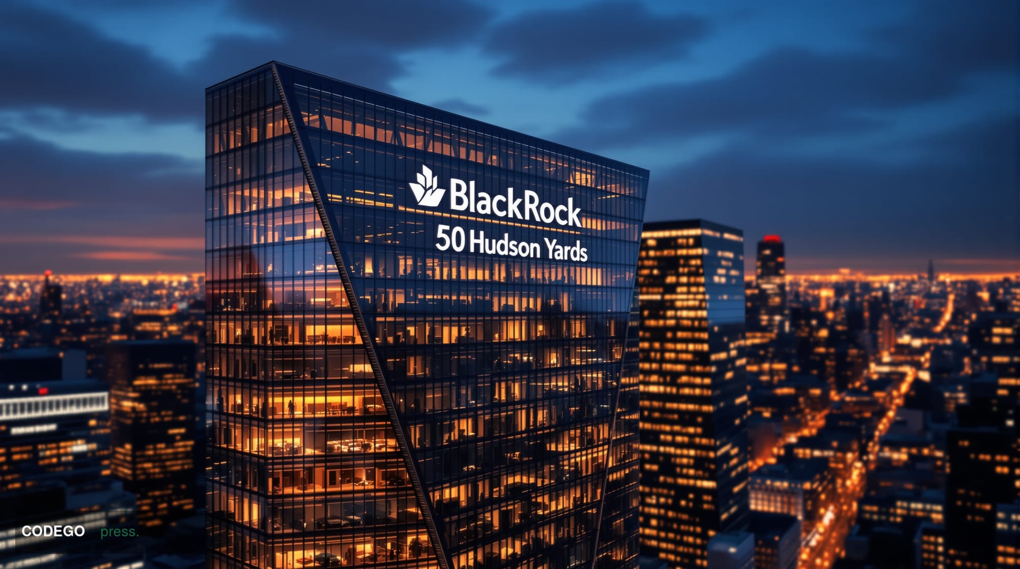A photorealistic aerial view of BlackRock's headquarters in Manhattan during golden hour, showcasing the iconic glass towers 