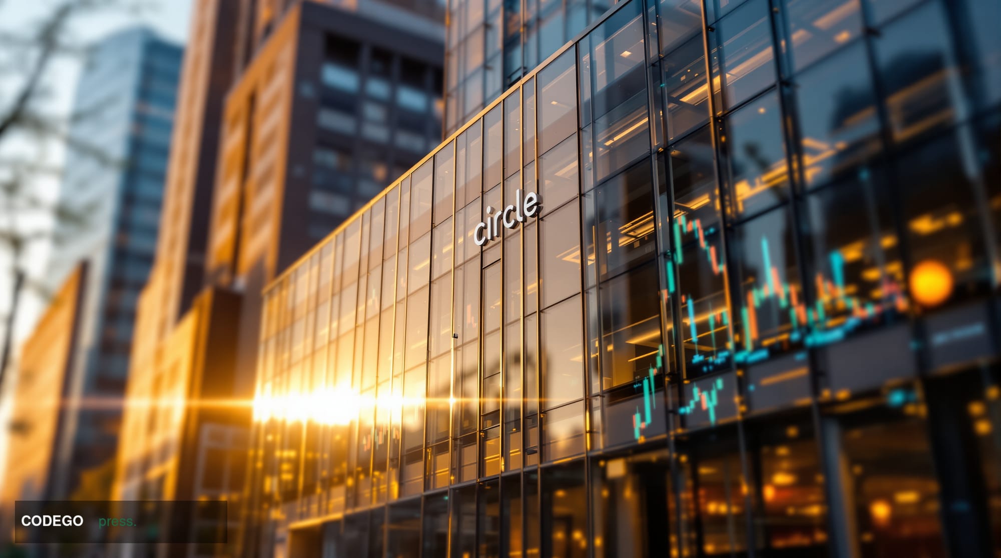 A cinematic editorial photograph showing Circle's Boston headquarters building exterior in dramatic late afternoon lighting, 