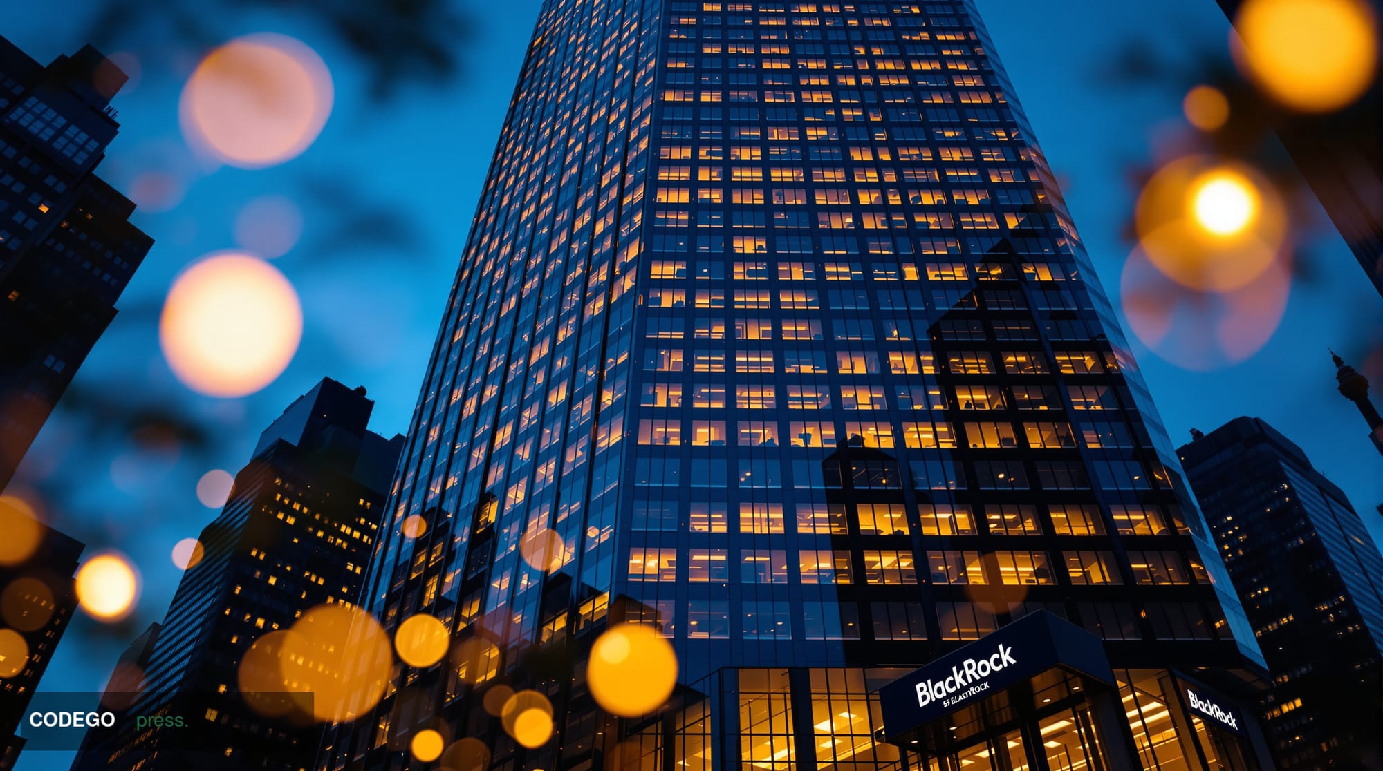 A cinematic editorial photograph showing BlackRock's imposing Manhattan headquarters at 55 East 52nd Street rising dramatical