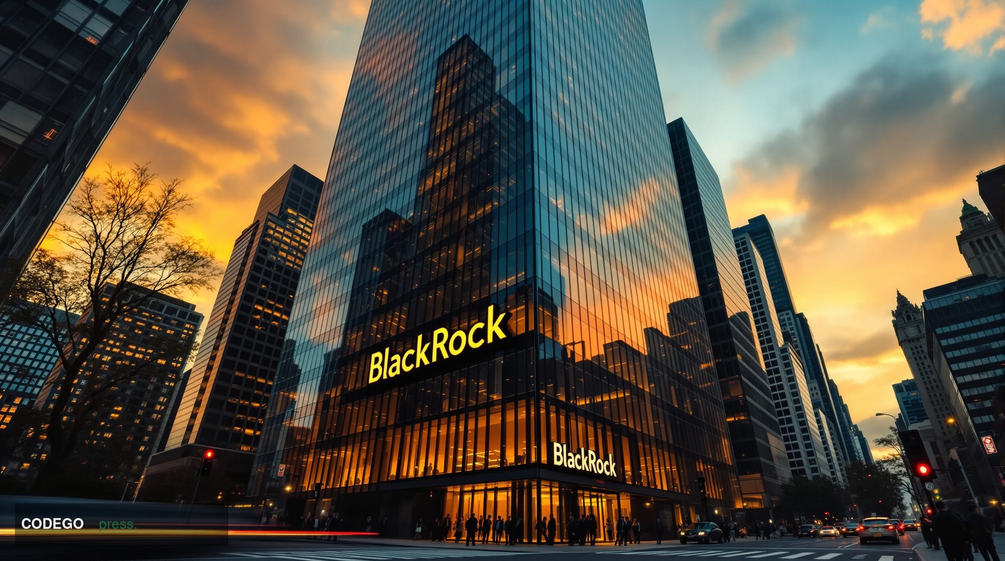 A photorealistic editorial photograph of BlackRock's iconic headquarters building in Manhattan's Midtown district, shot from 