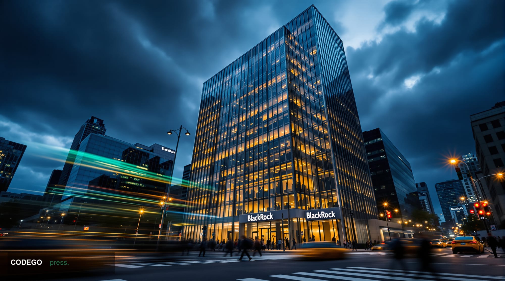 A dramatic wide-angle photograph of BlackRock's Manhattan headquarters at 55 East 52nd Street, shot from street level looking