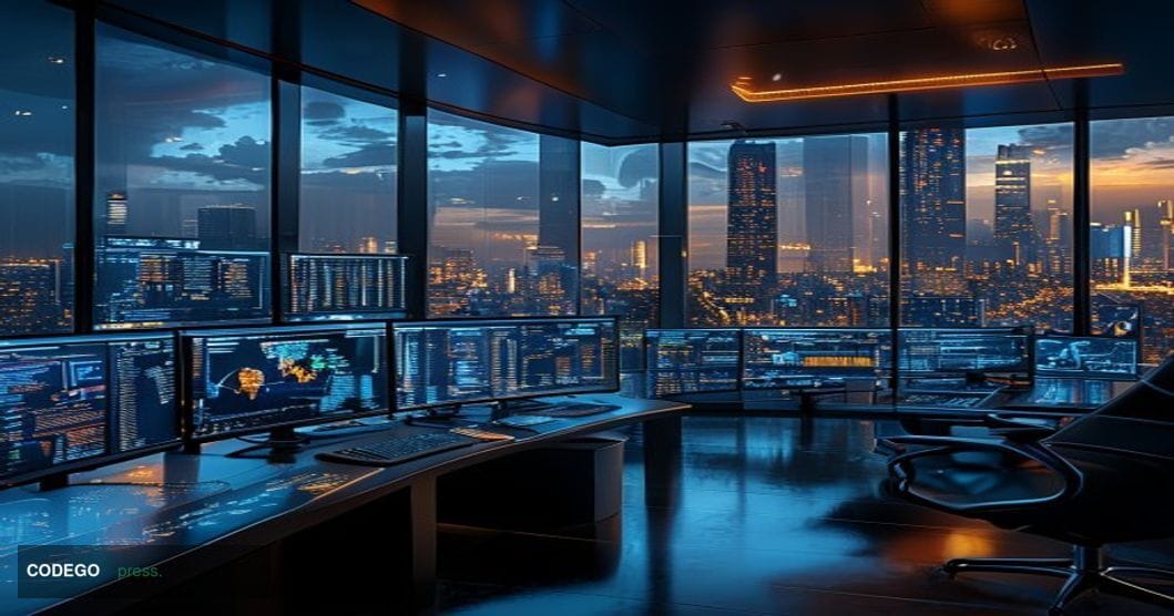A dramatic photorealistic editorial photograph showing a sleek modern blockchain analytics command center with multiple large