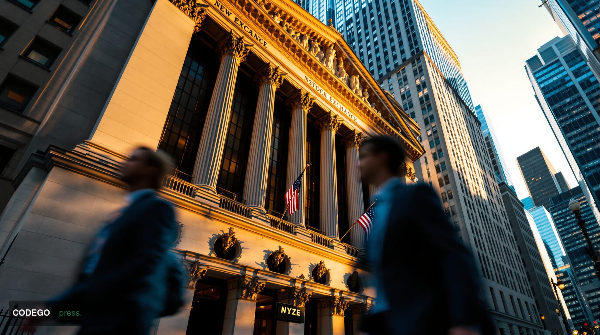 A cinematic editorial photograph of the New York Stock Exchange building exterior on Wall Street, captured during golden hour