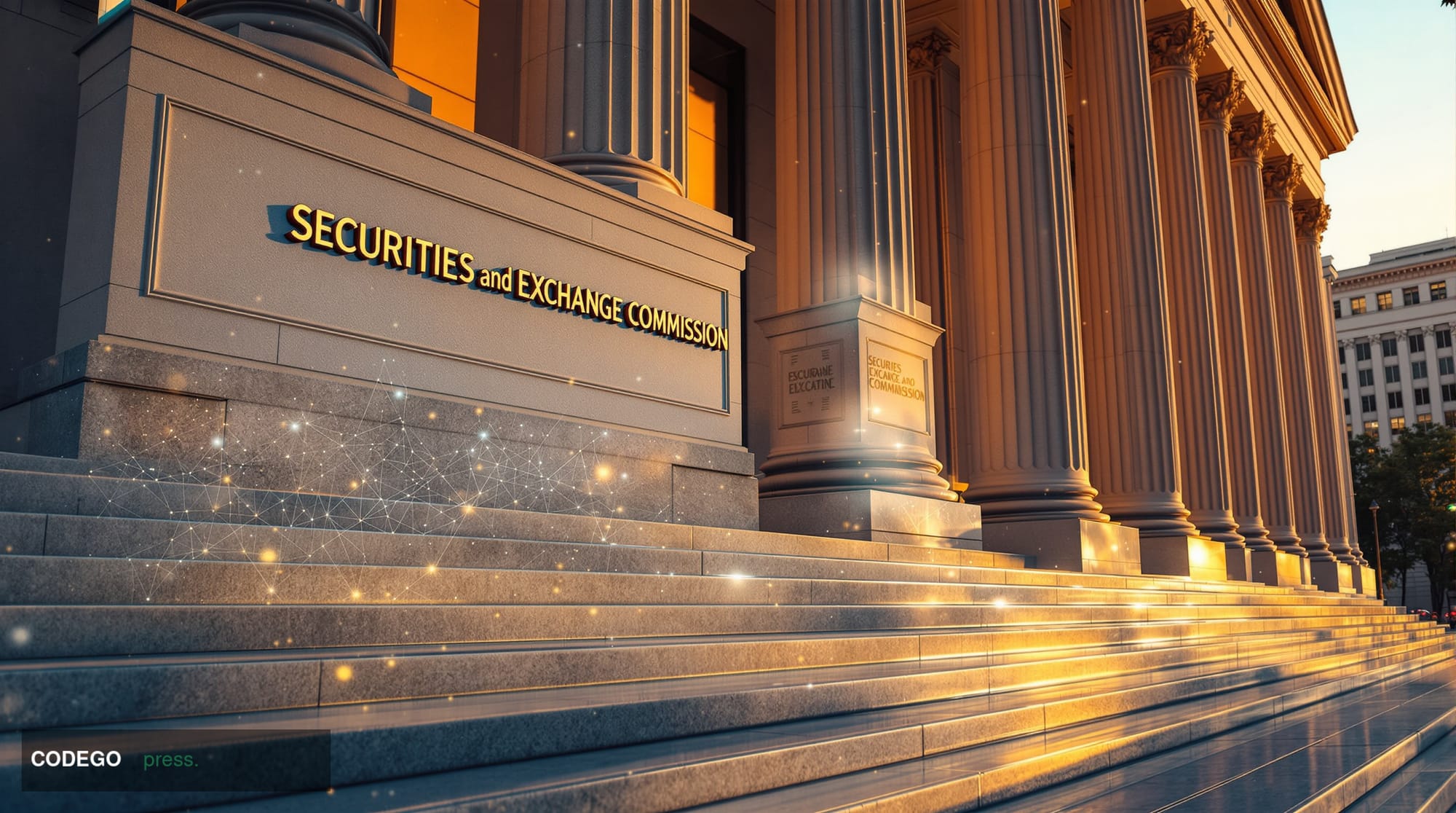 Photorealistic 8K editorial photograph showing the imposing neoclassical facade of the SEC headquarters building in Washingto