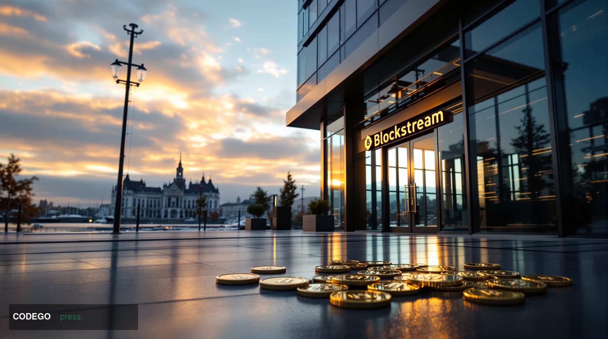 A photorealistic editorial photograph showing the exterior of Blockstream's corporate headquarters in Victoria, Canada, captu