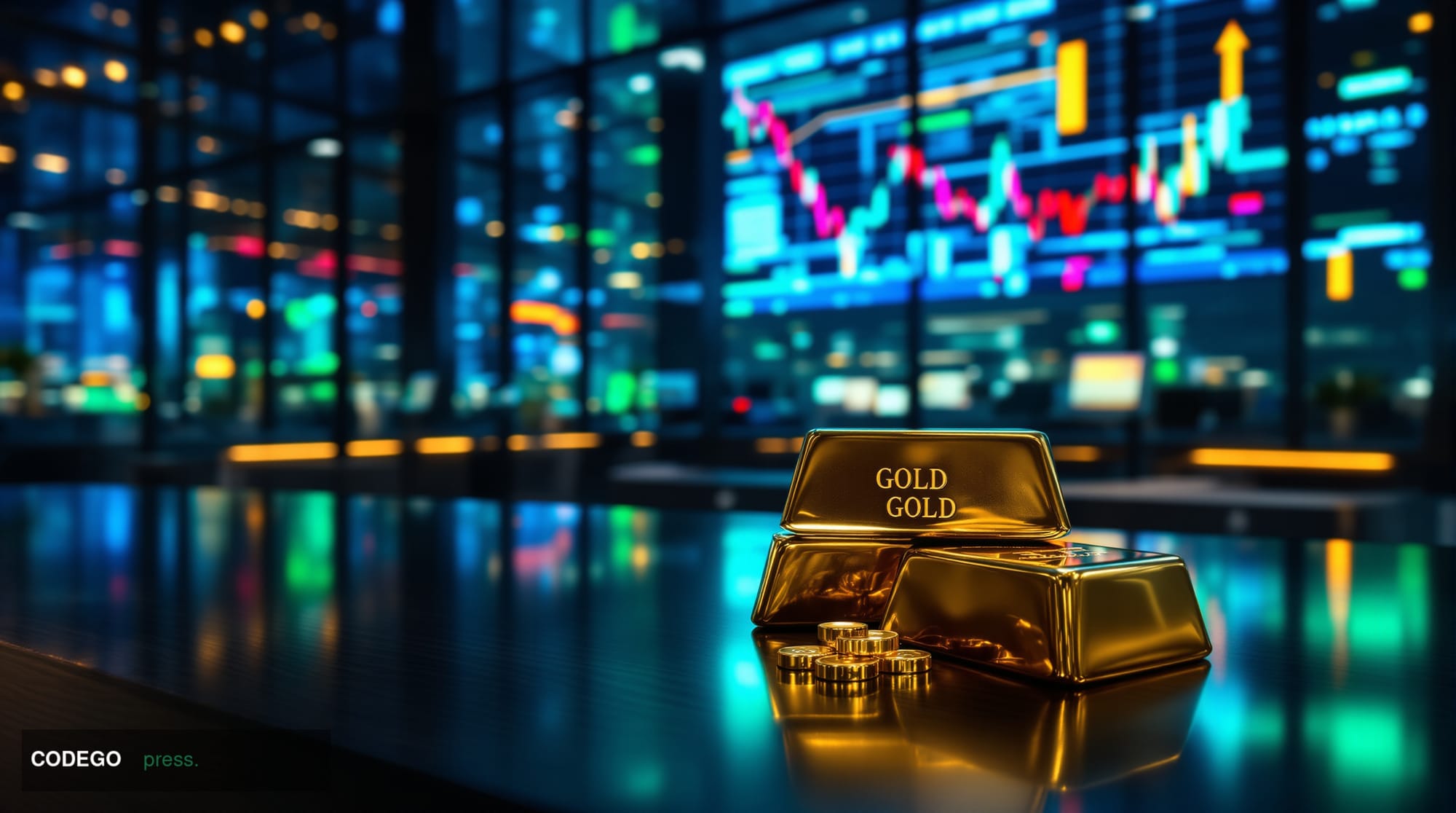 A cinematic editorial photograph showing the contrasting fortunes of Bitcoin and traditional assets, captured in a high-end f