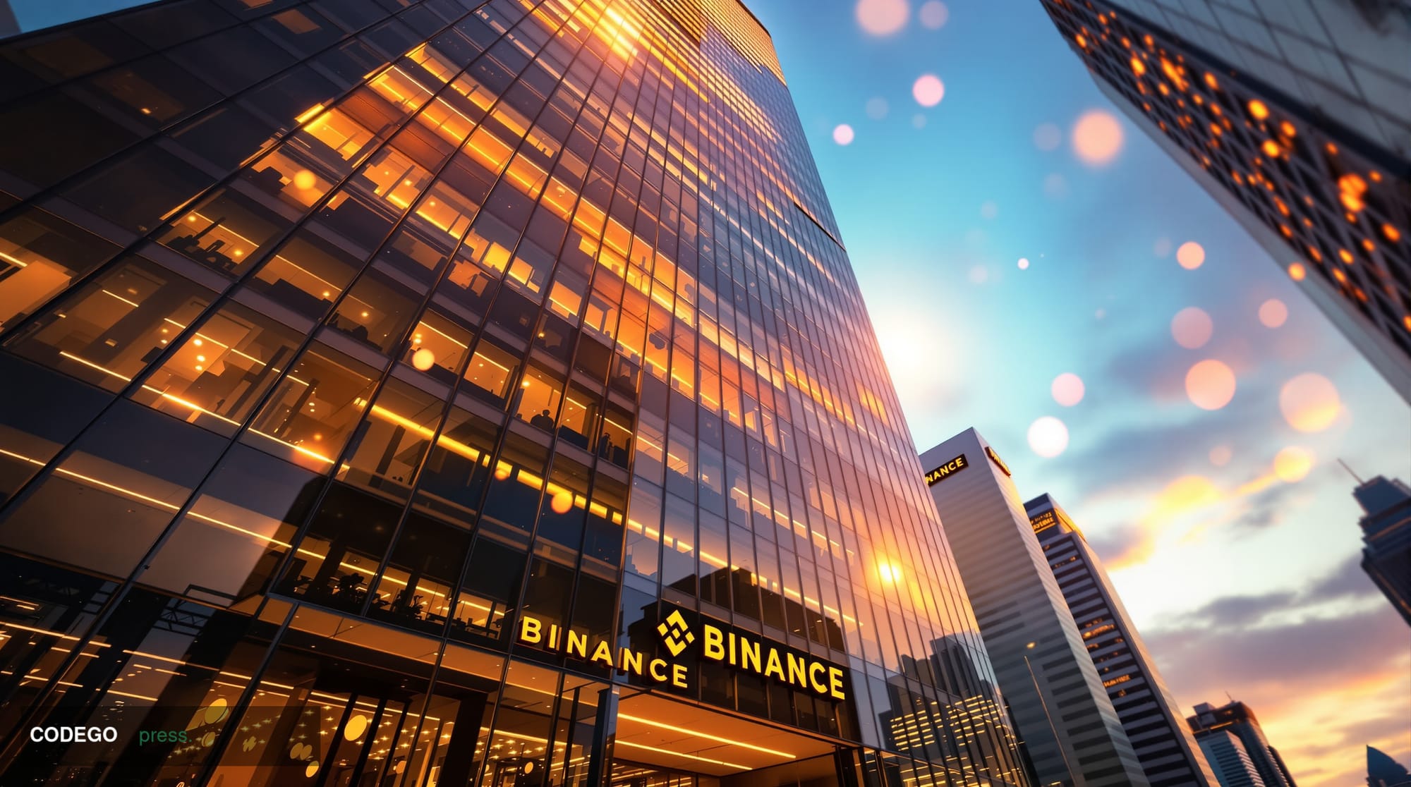 A cinematic editorial photograph showing the exterior of Binance's modern headquarters building in Dubai or Singapore, captur