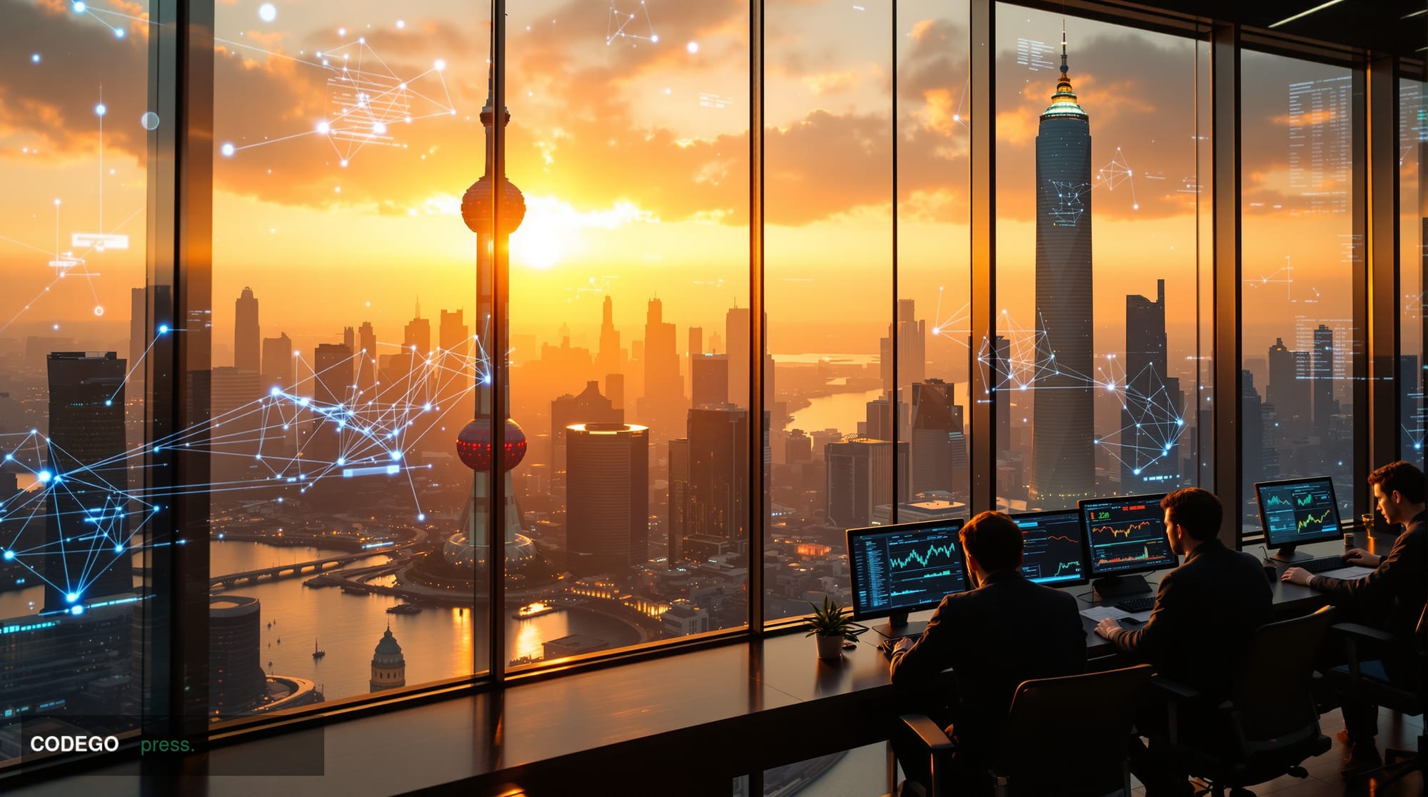A cinematic editorial photograph showcasing the intersection of traditional Chinese finance and blockchain technology. The sc
