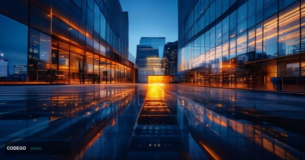 A dramatic editorial photograph of Binance's modern headquarters building in Dubai or Singapore, shot during golden hour with