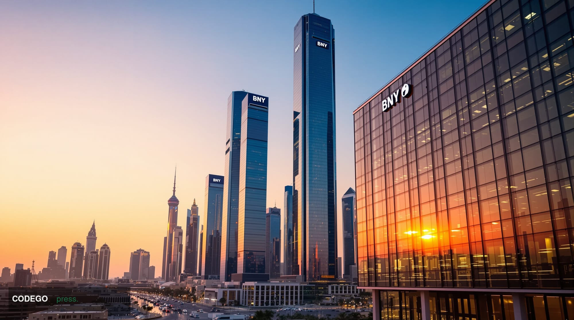 A cinematic editorial photograph showcasing the Abu Dhabi Global Market financial district skyline at golden hour, with BNY's