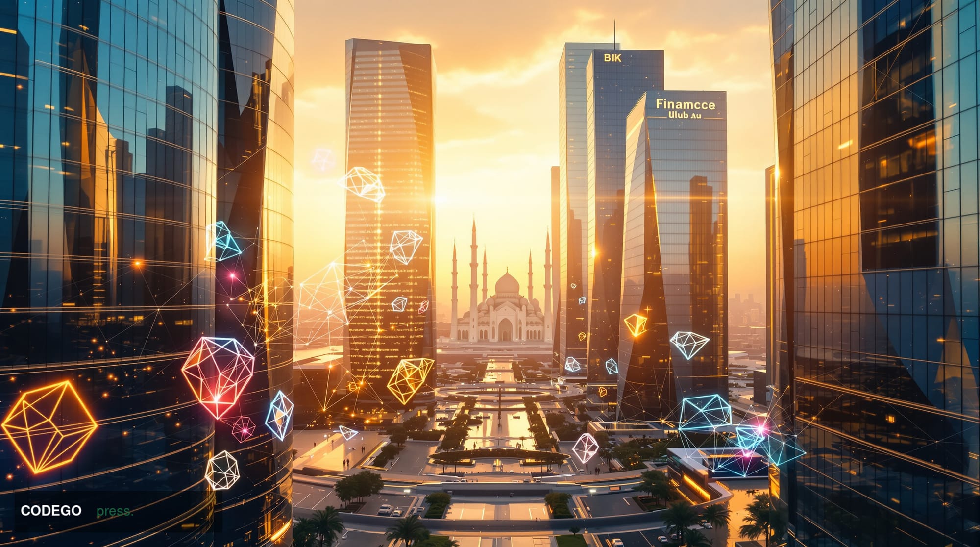 A photorealistic editorial photograph capturing the Abu Dhabi Global Market financial district at golden hour, with the iconi