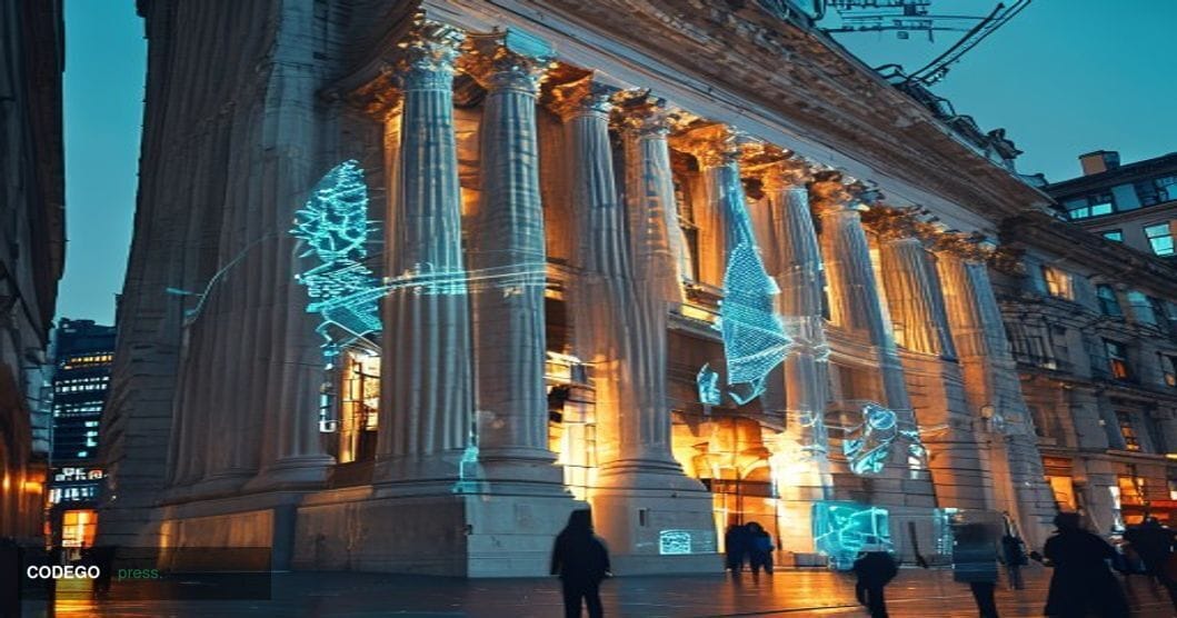 A cinematic editorial photograph showcasing the Bank of England's iconic neoclassical facade on Threadneedle Street in London