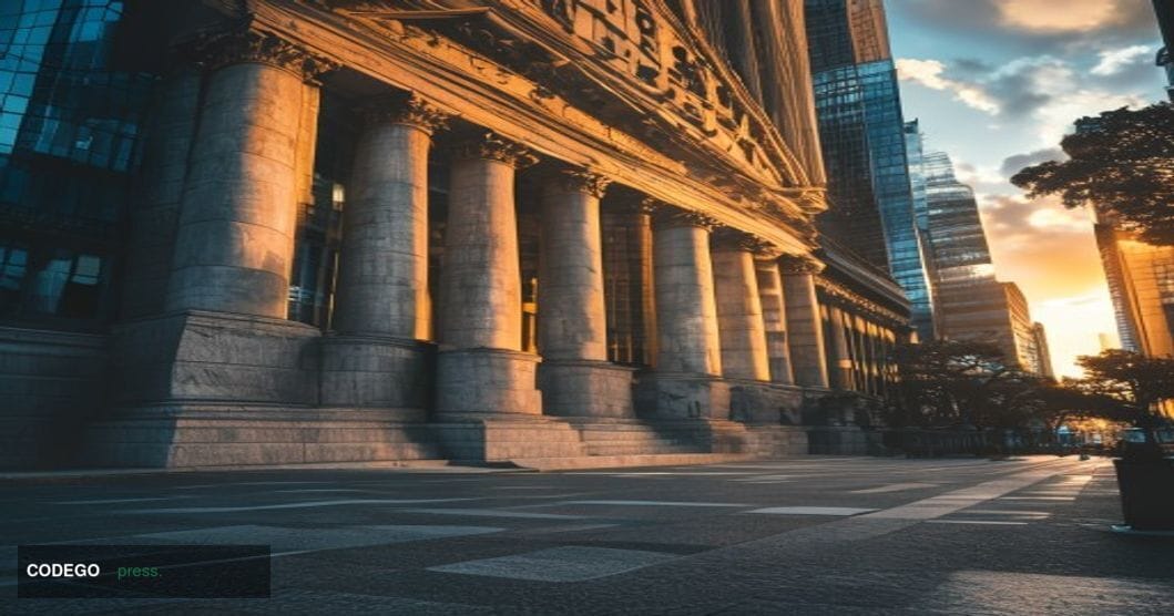 A cinematic editorial photograph of the Bank of Japan's imposing neoclassical headquarters building in Tokyo's Nihonbashi dis