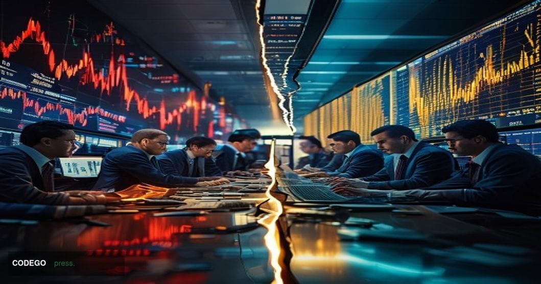 A dramatic split-screen composition showing the contrast between traditional finance and digital assets. Left side: A panicke
