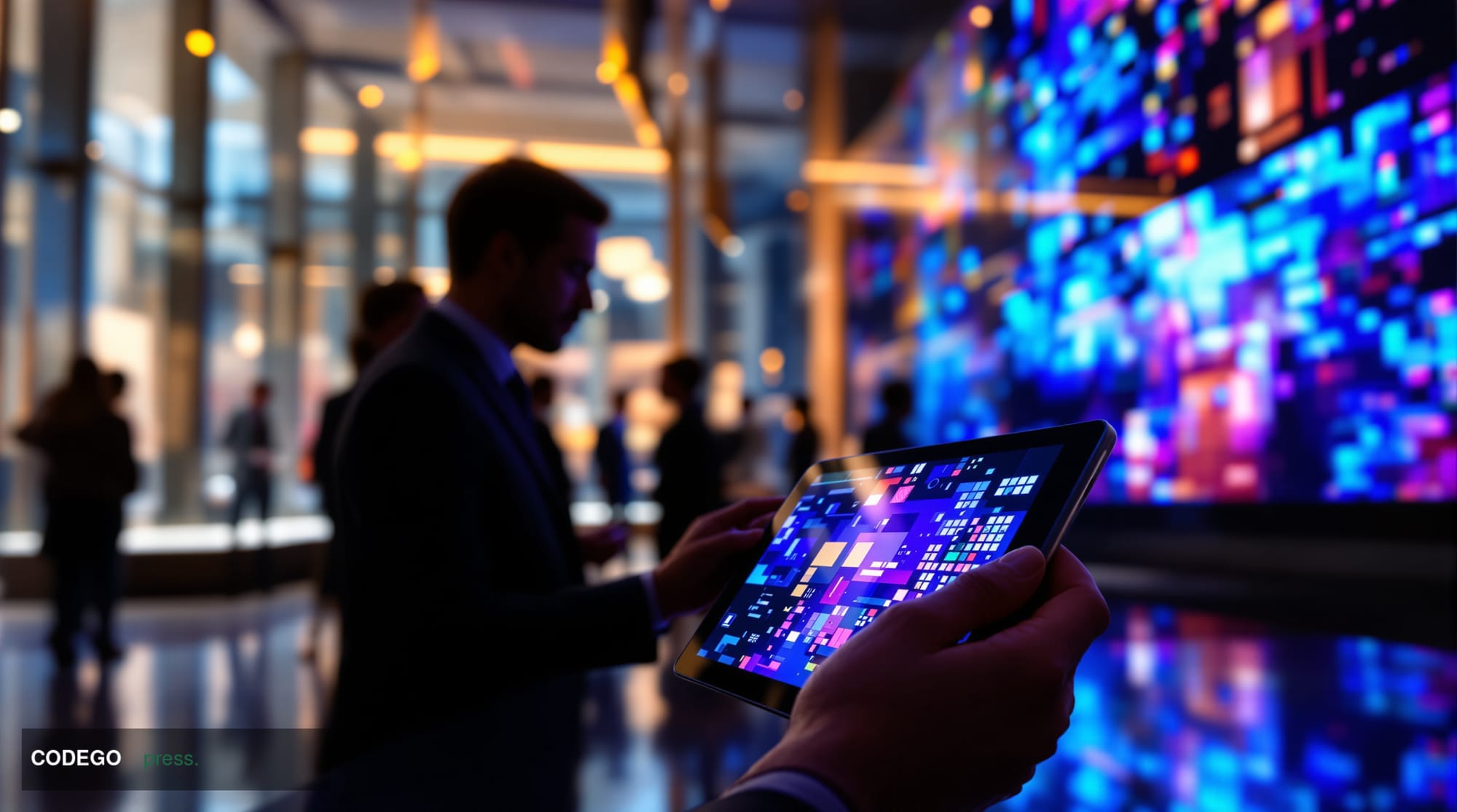 A cinematic editorial photograph capturing the intersection of digital art and financial markets, featuring a high-end galler