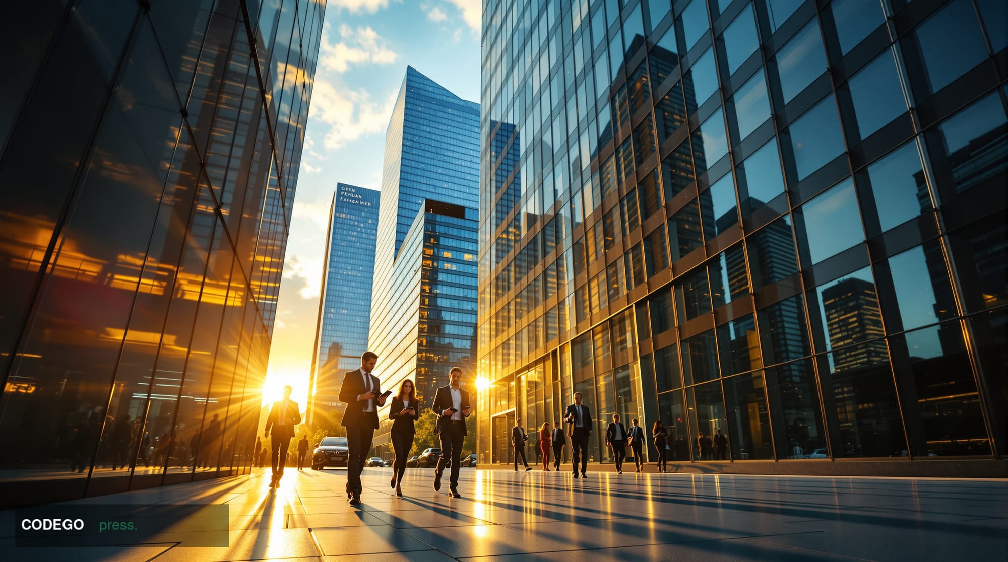 A cinematic editorial photograph showcasing a modern German corporate headquarters building with distinctive contemporary arc