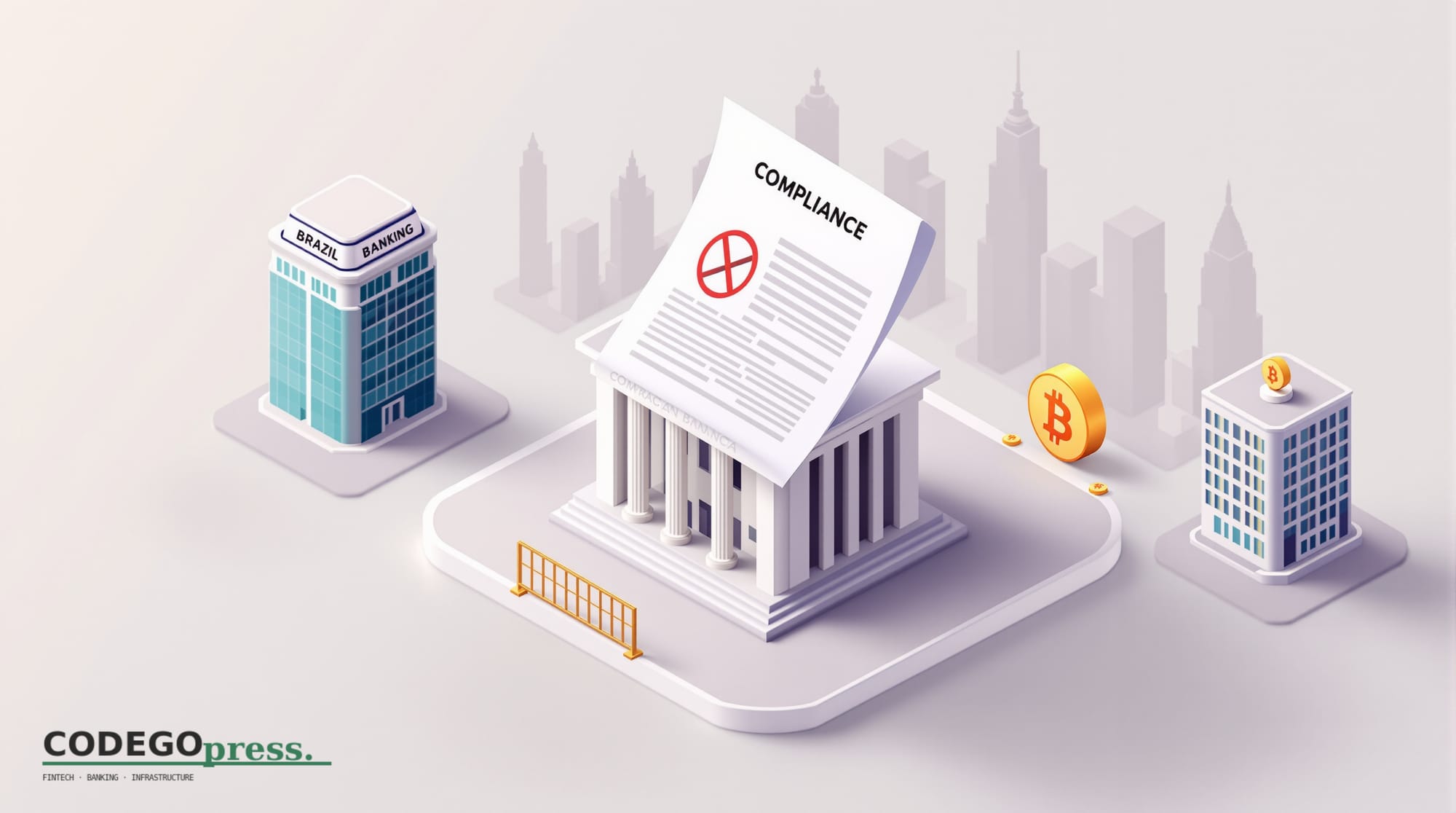 Flat 3D isometric vector editorial illustration showing a banking compliance document with red prohibition stamps overlaid on