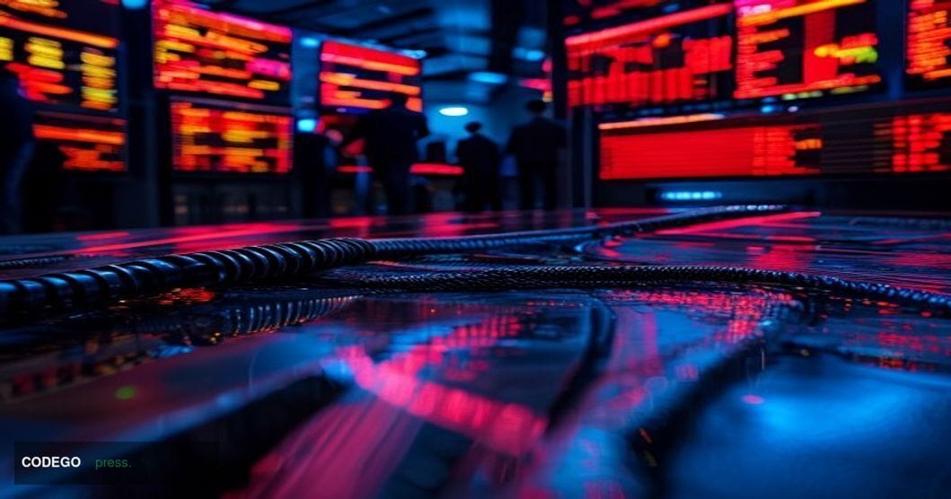 # Image Prompt: Bridge Exploit Cryptocurrency Security Breach

A dramatic overhead shot of a modern cryptocurrency exchange t