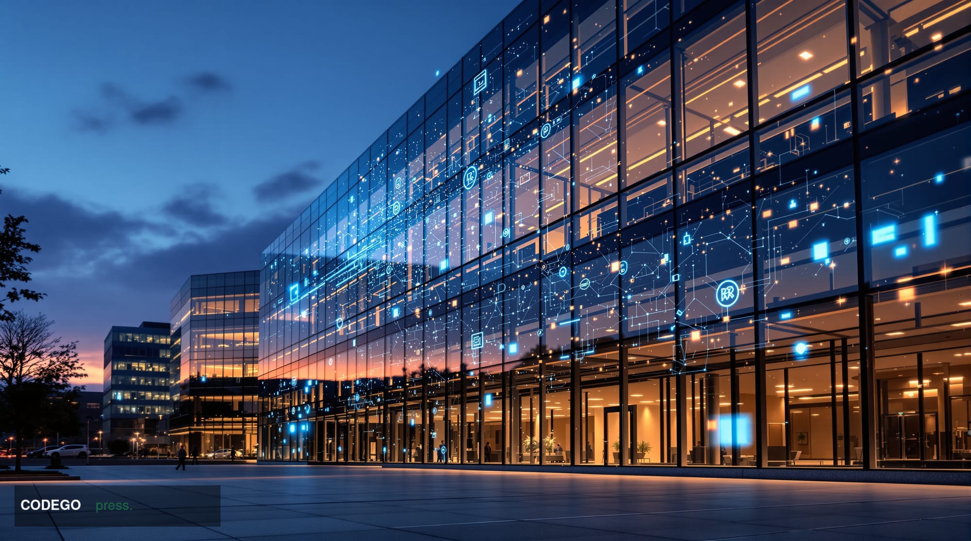 Photorealistic editorial photograph of Broadridge's modern corporate headquarters building in Lake Success, New York, capture