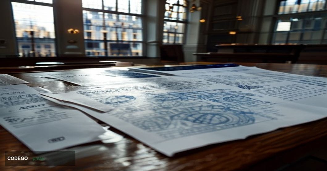 # Image Prompt:

A close-up of scattered official EU budget documents and confidential papers spread across a polished wooden
