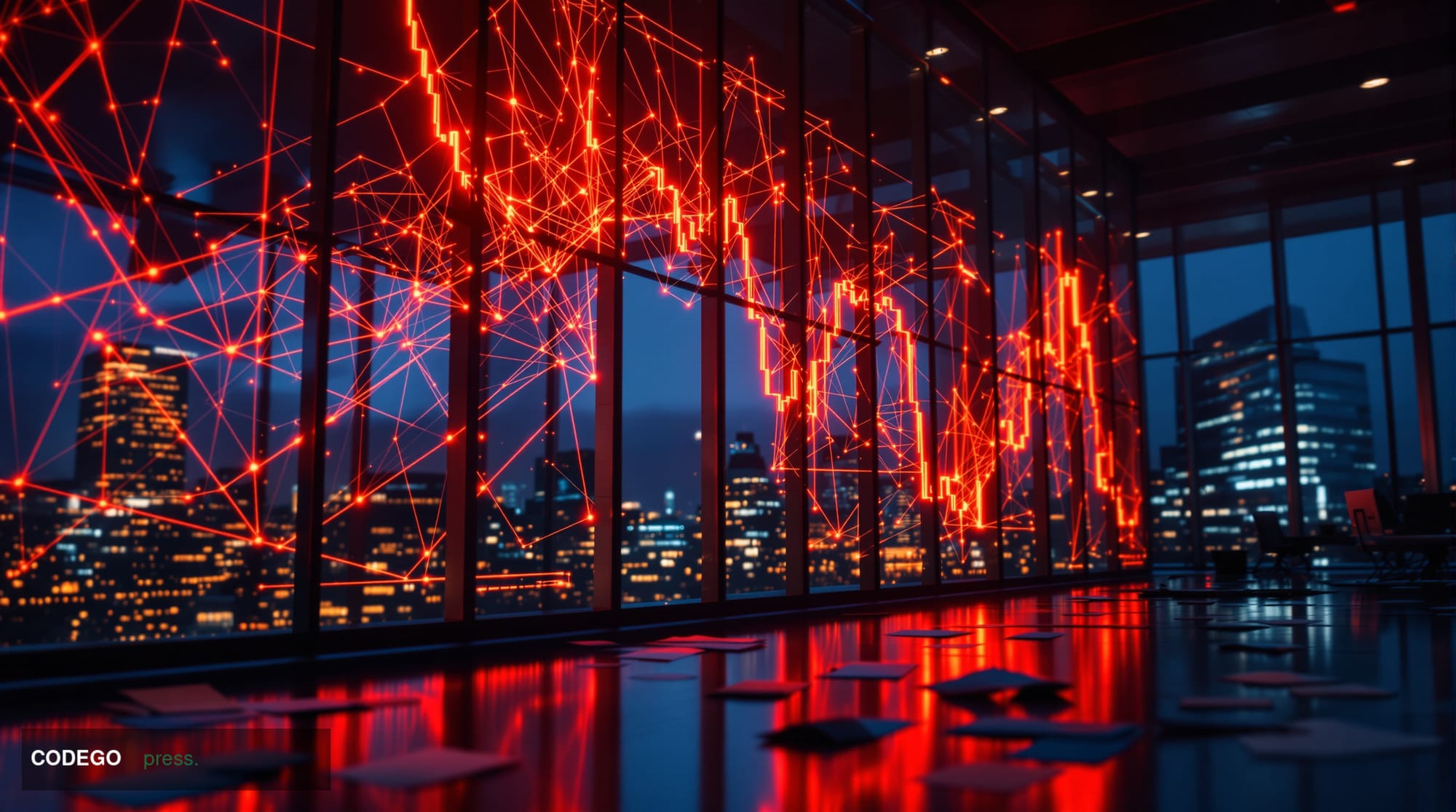 A cinematic editorial photograph capturing the financial distress of cryptocurrency trading platforms through a dramatic comp