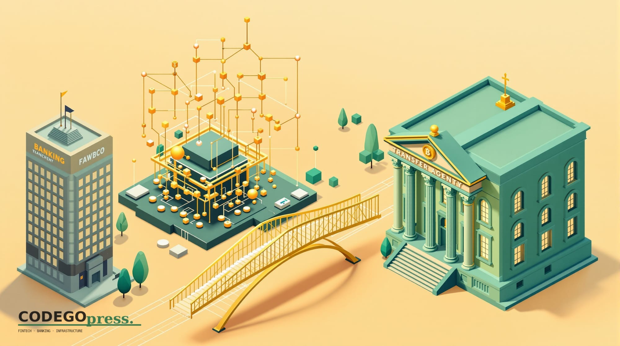 Flat 3D isometric vector editorial illustration. Banking-green primary (#1A6B43), cream background, gold and navy accents. Ce
