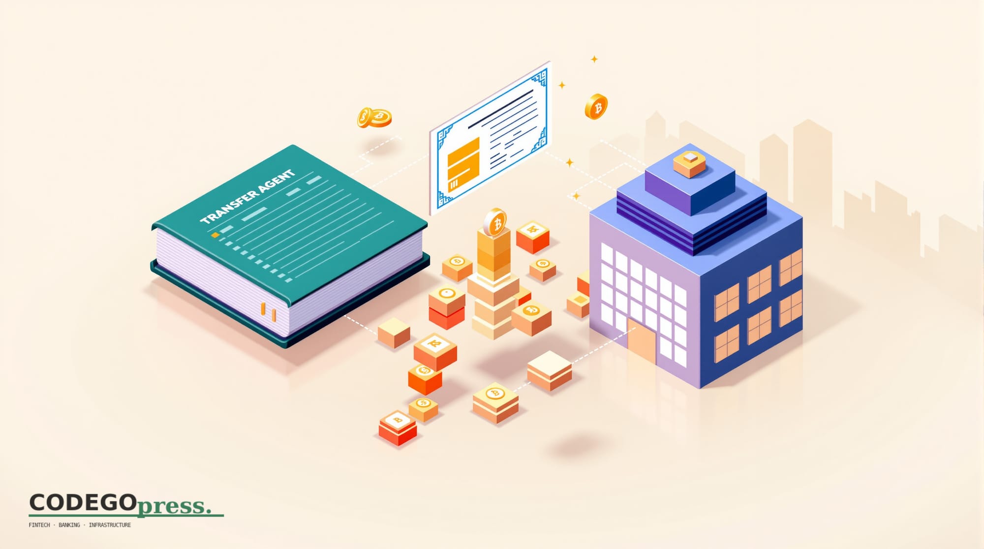 Flat 3D isometric vector editorial illustration showing a transfer agent ledger book (representing Equiniti's traditional rol