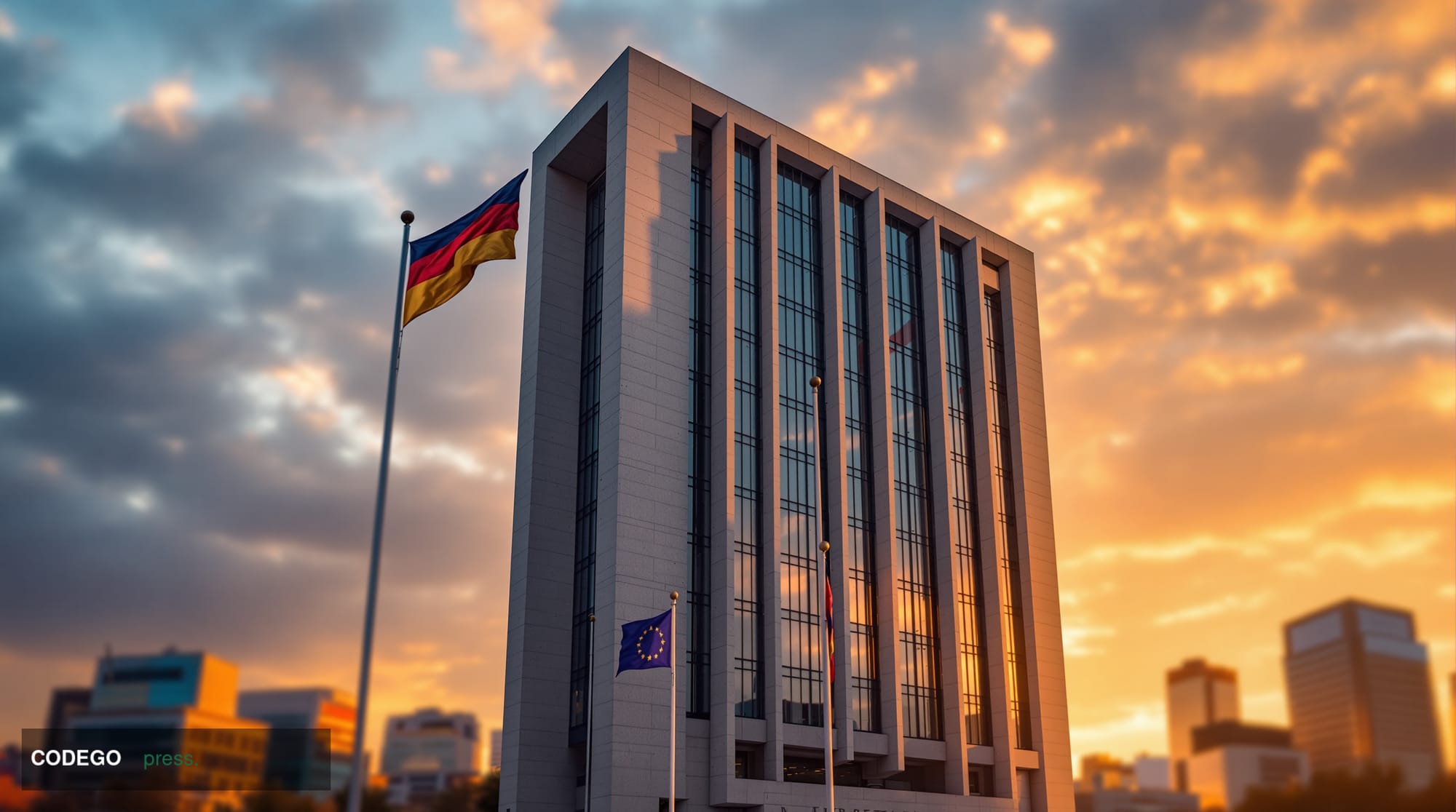 A cinematic editorial photograph capturing the imposing modernist facade of the Deutsche Bundesbank headquarters in Frankfurt