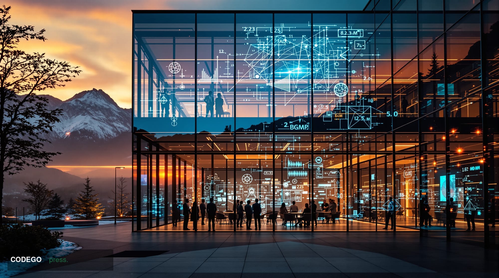 A cinematic editorial photograph of the Ethereum Foundation headquarters in Zug, Switzerland, captured during the golden hour