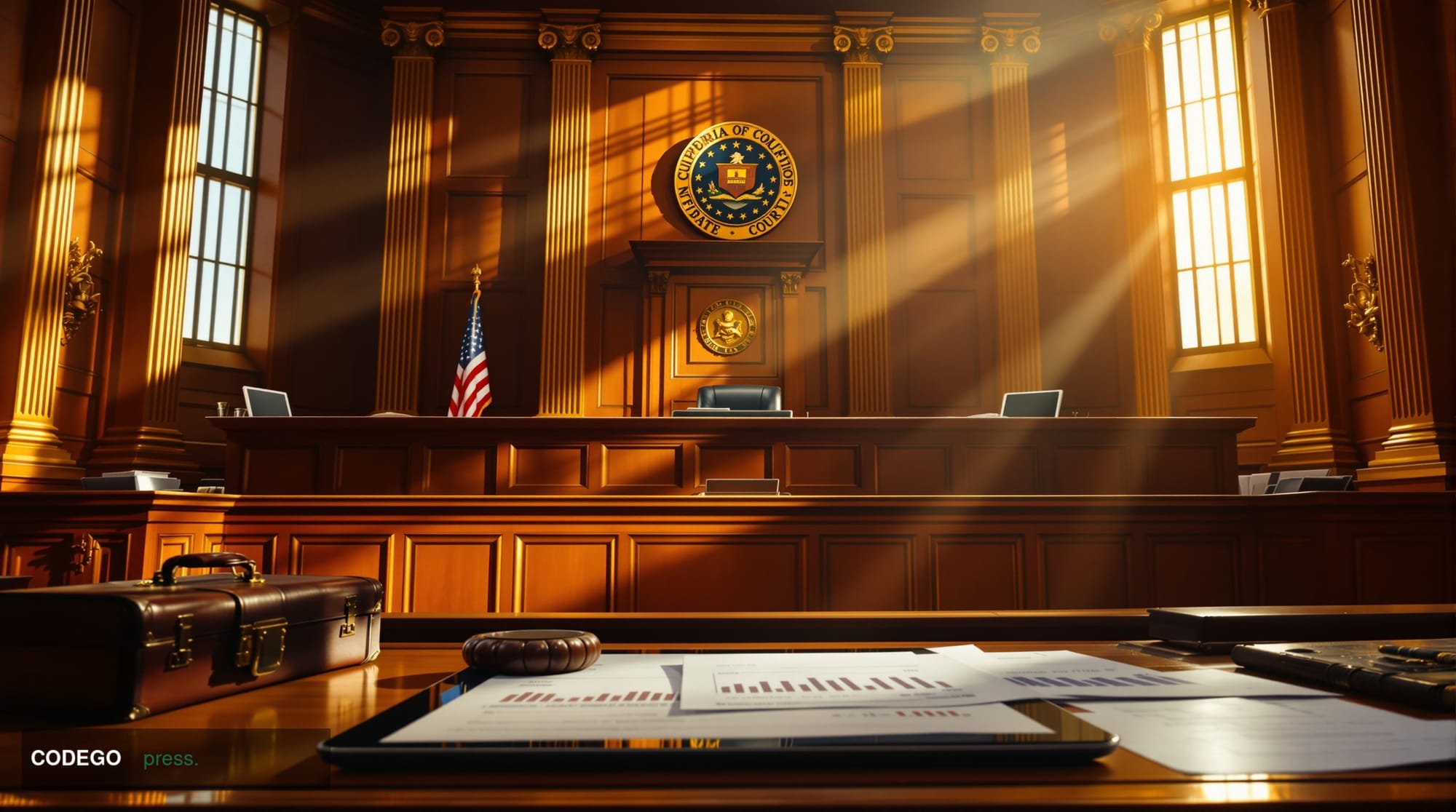 A dramatic courtroom scene captured from the perspective of the gallery, focusing on the imposing wooden judge's bench with t