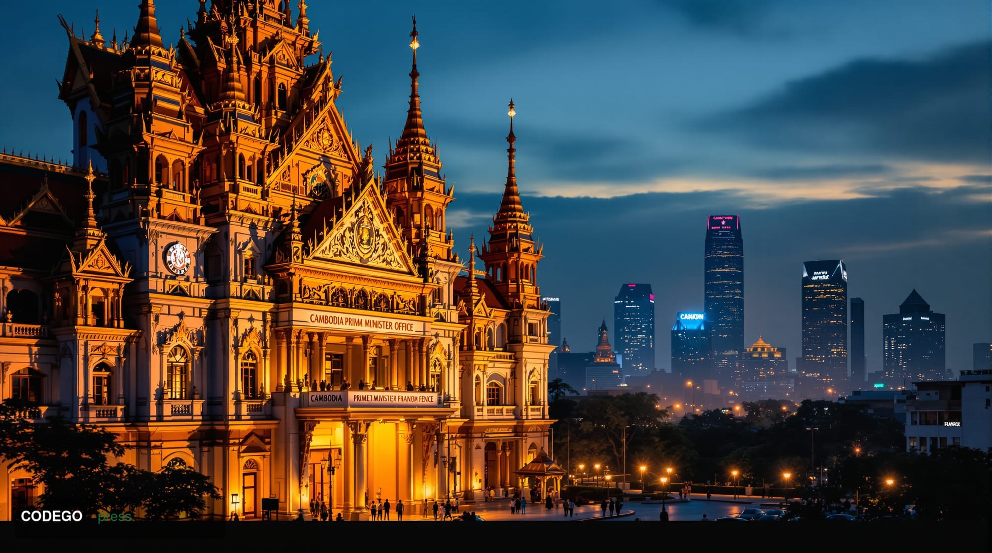 A dramatic editorial photograph showing the imposing facade of Cambodia's Prime Minister's office in Phnom Penh, with its dis
