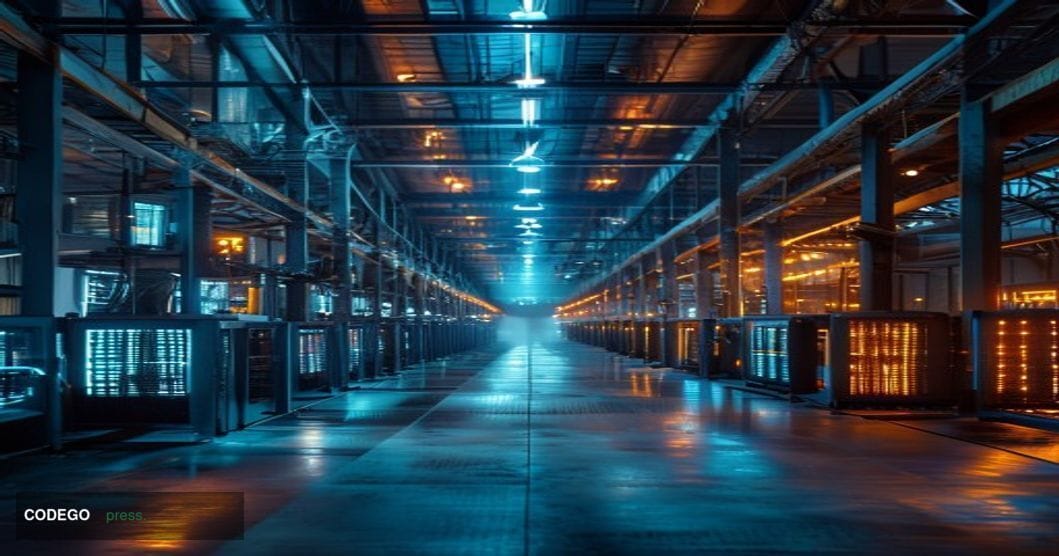 A dramatic photorealistic editorial photograph of a massive Bitcoin mining facility interior, showing endless rows of ASIC mi