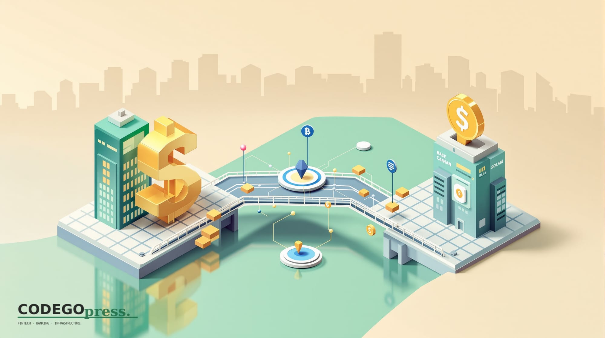 flat 3D isometric vector editorial illustration, banking-green primary (#1A6B43), cream background, gold and navy accents, so