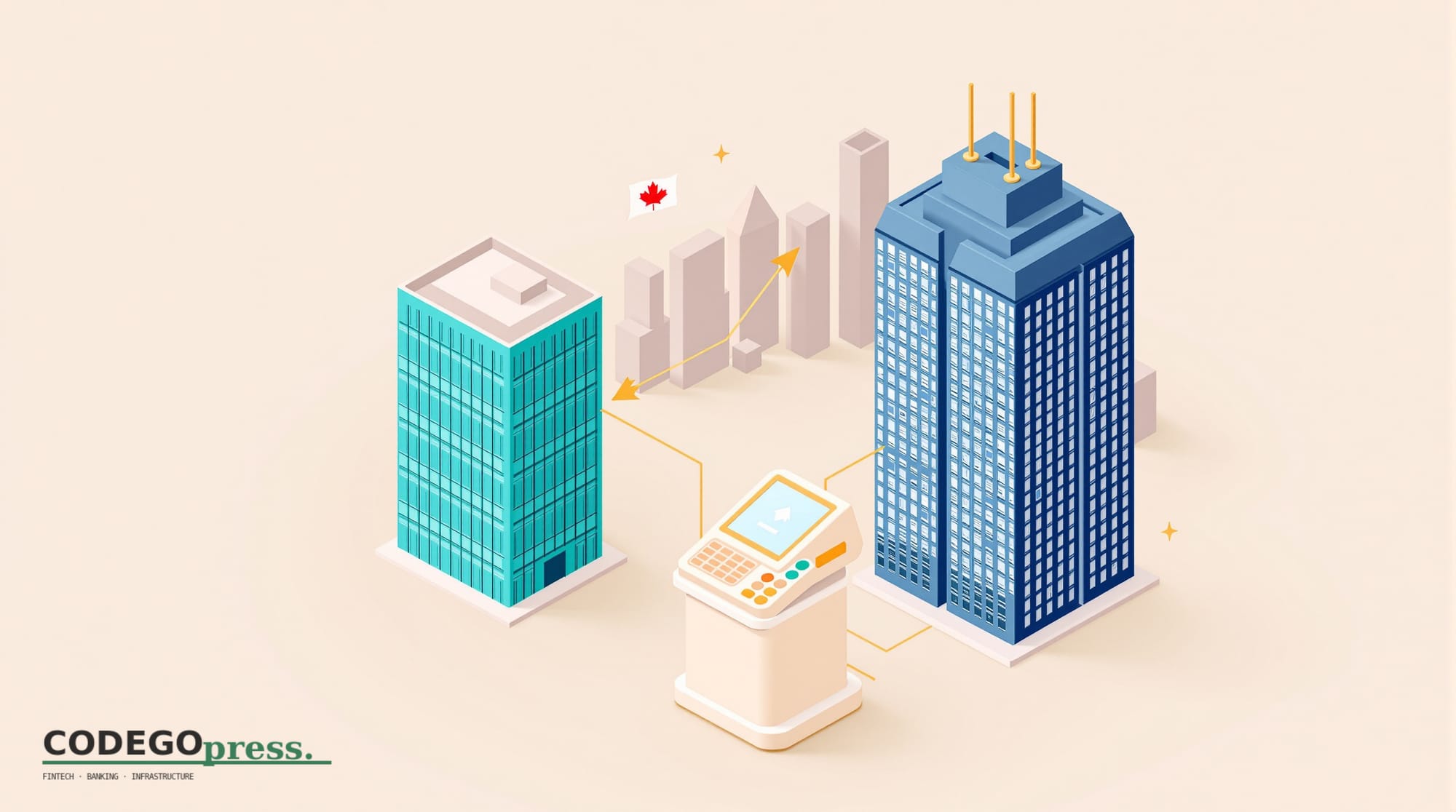 flat 3D isometric vector editorial illustration showing a payment processing terminal in the foreground (cream-colored POS de