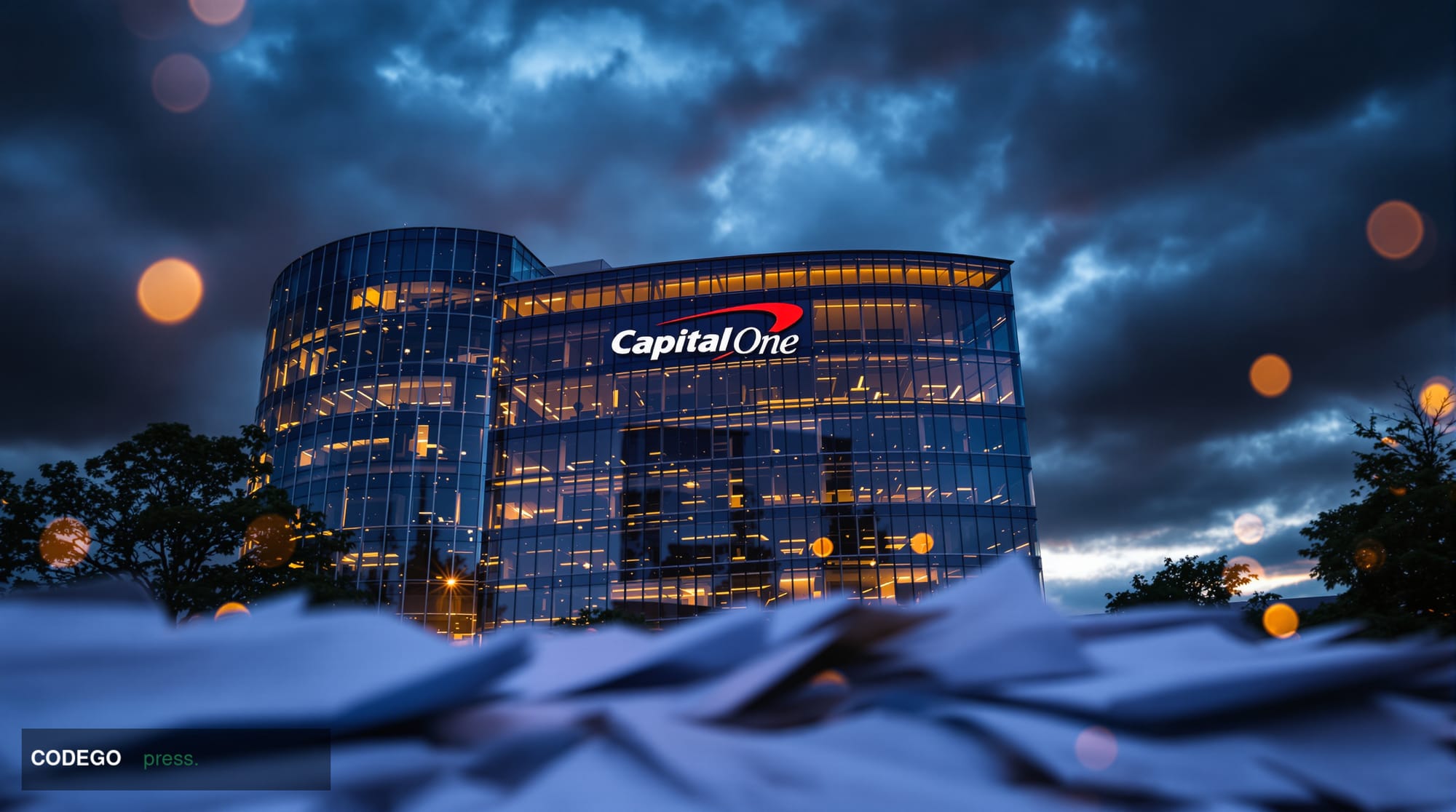 A dramatic photorealistic editorial photograph of Capital One's corporate headquarters in McLean, Virginia, shot from a low a