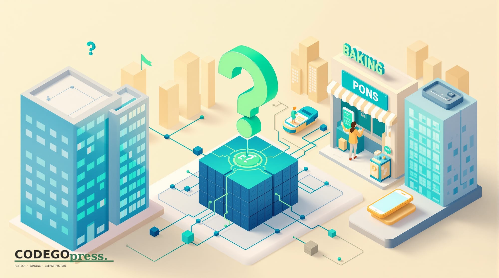 Flat 3D isometric vector editorial illustration. Banking-green primary (#1A6B43), cream background, gold and navy accents. Sh