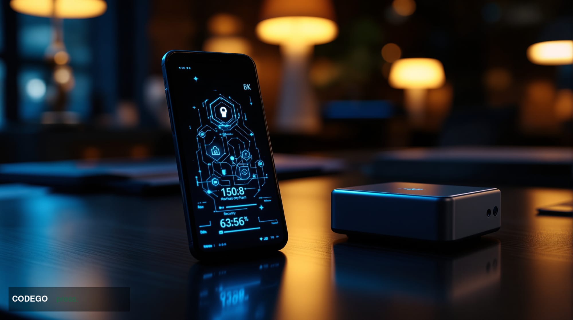 A dramatic editorial photograph showcasing the intersection of smartphone and cryptocurrency security technology. The scene f