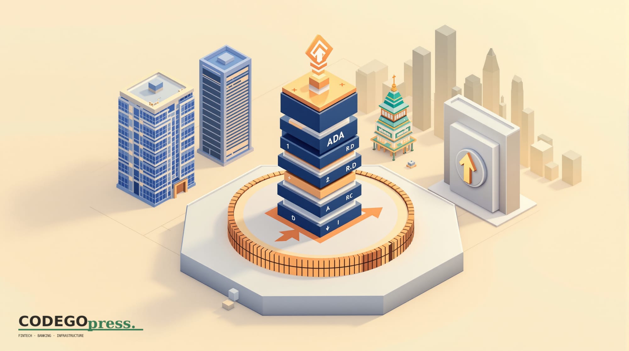 Large ADA coin symbol in navy-and-gold centre, with stylised blockchain stack rising from it, Cardano Tokyo-based R&D facilit